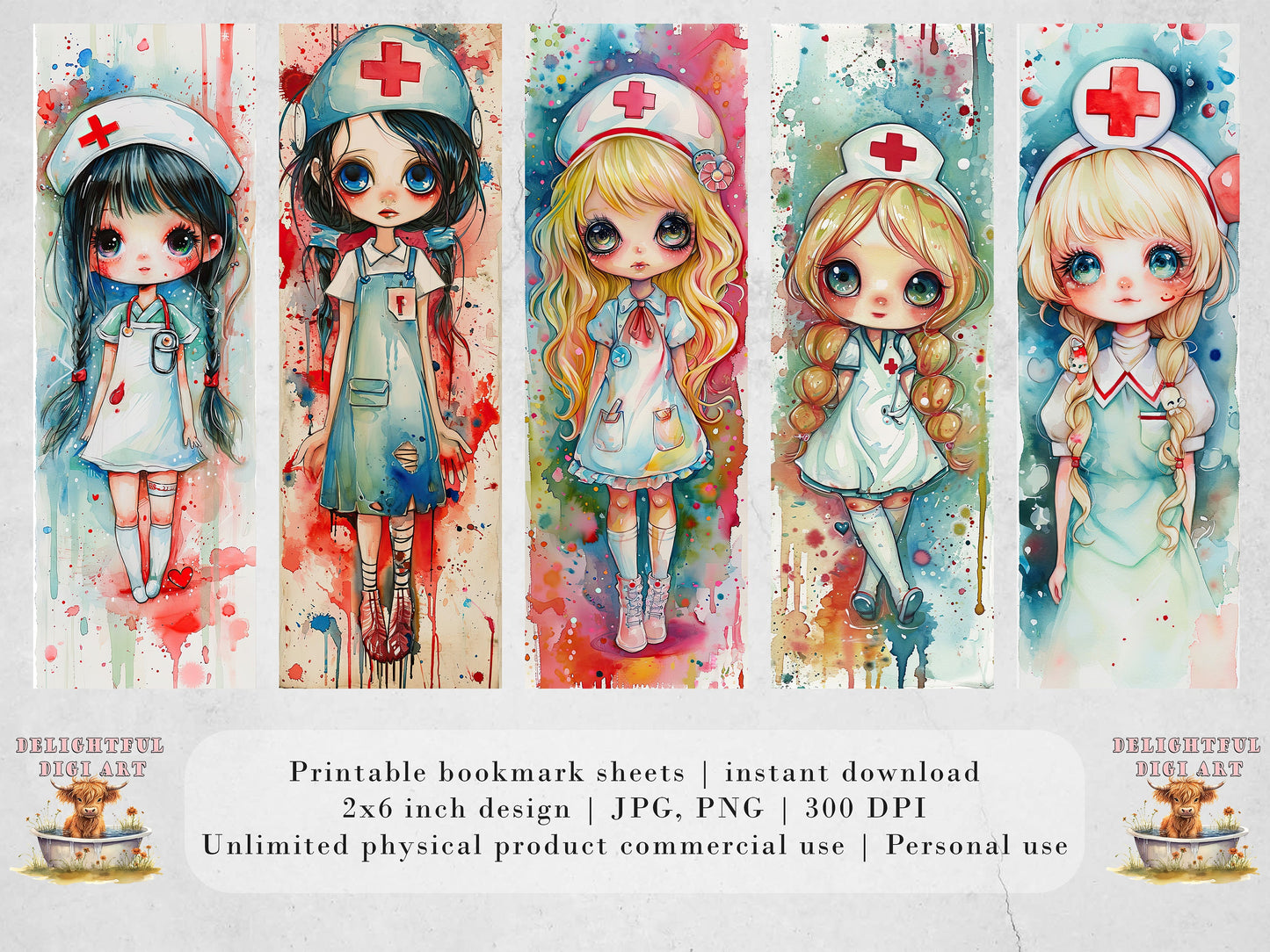 15 Chibi Nurses Watercolor Printable Bookmarks| Set of JPG Bookmarks for girls | PNG Bundle| Big Eyed Chibi Girl Sublimation Set | Cute Gift