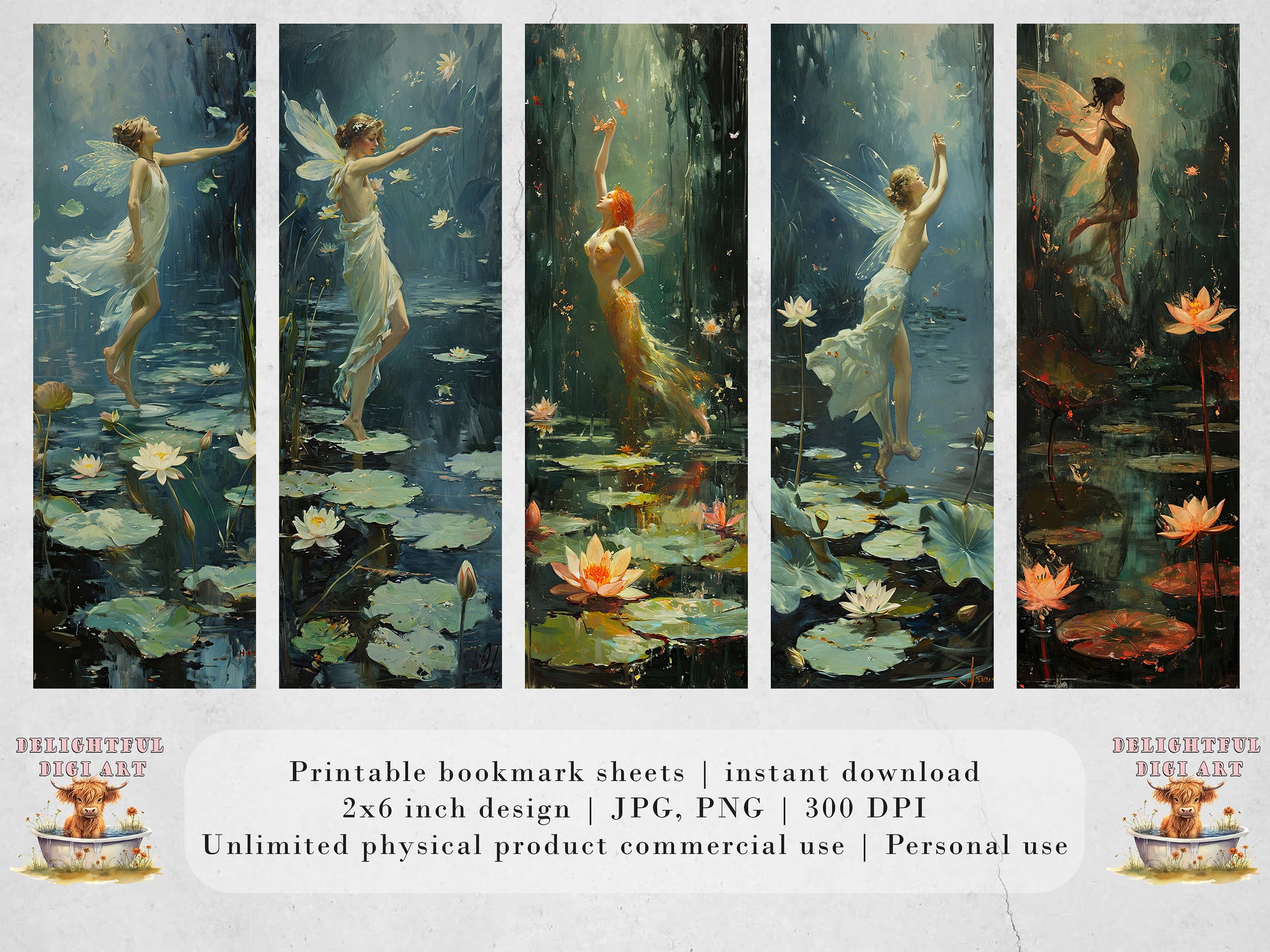 Lotus Pond Fairies Printable Bookmarks, Dancing Fairy Book Lovers Designs, Bookmark Sublimation Designs, Creative Gifts for readers