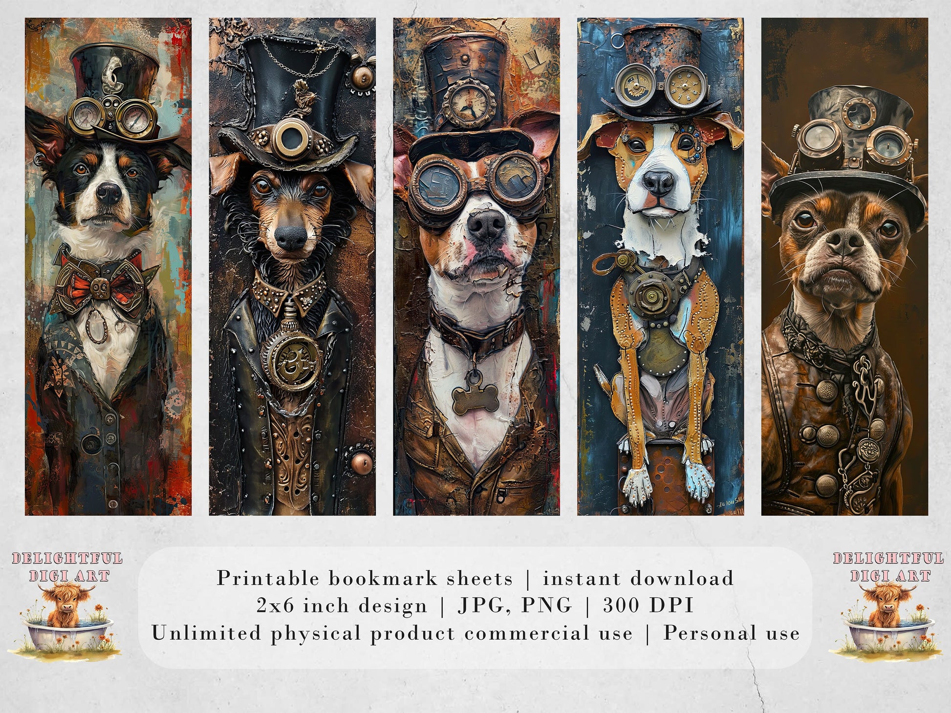 Steampunk Dogs Printable Bookmarks| 20 Quirky Mixed Media Dog Bookmark Sheets| PNG bookmark sublimation| Whimsical Pups Digital Bookmarks