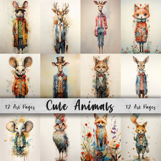 Cute Animals Printable Art Pages| Digital Download Paper Set| Whimsical Digital Paper| Quirky Critters| Mixed Media Mutts| Junk Journal Art