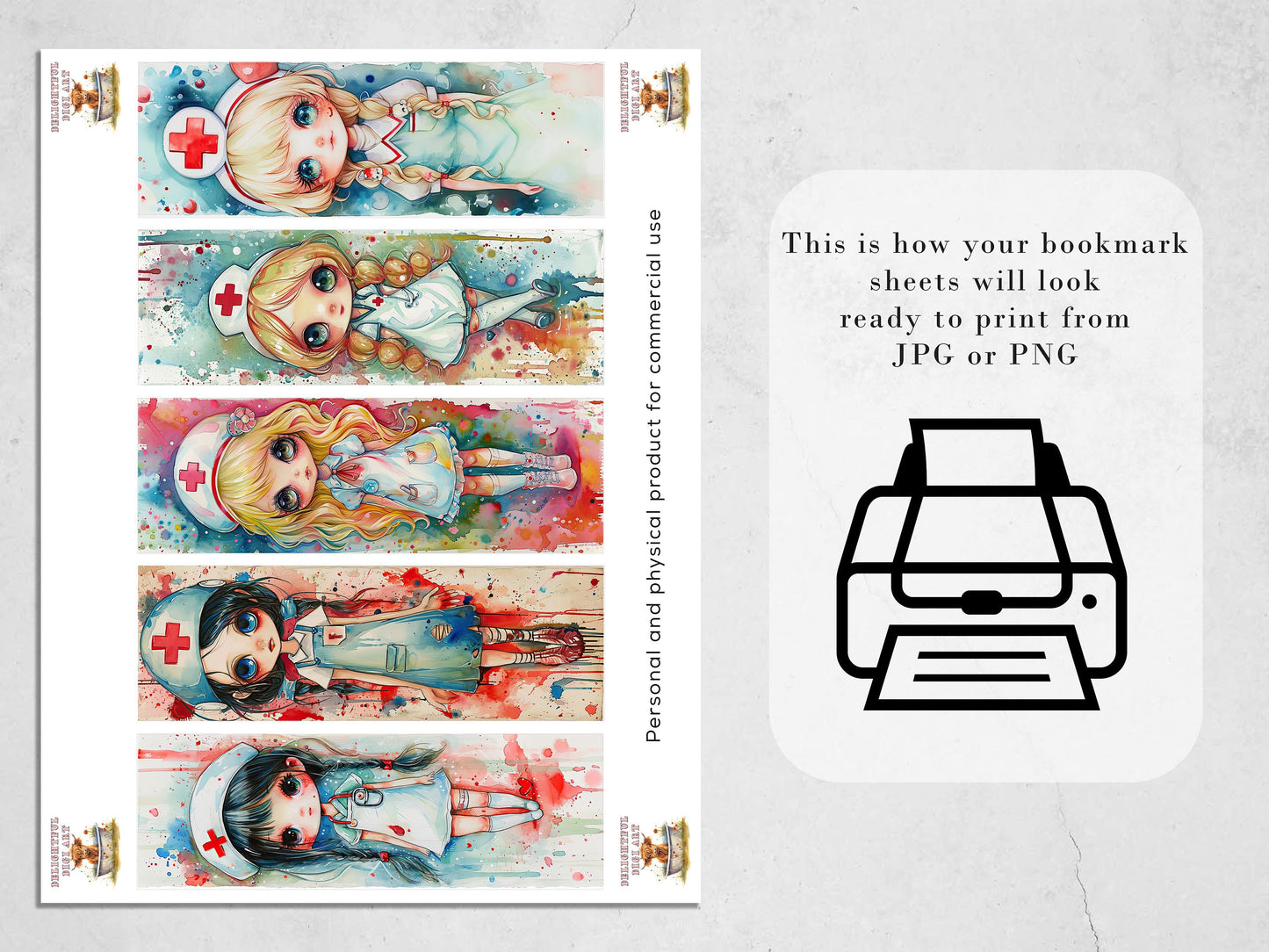 15 Chibi Nurses Watercolor Printable Bookmarks| Set of JPG Bookmarks for girls | PNG Bundle| Big Eyed Chibi Girl Sublimation Set | Cute Gift