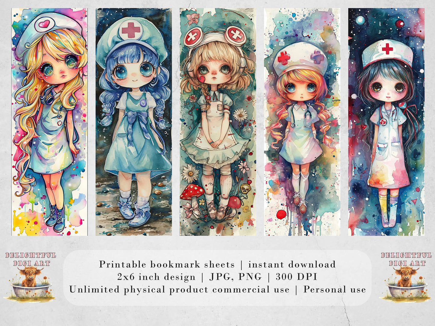 15 Chibi Nurses Watercolor Printable Bookmarks| Set of JPG Bookmarks for girls | PNG Bundle| Big Eyed Chibi Girl Sublimation Set | Cute Gift