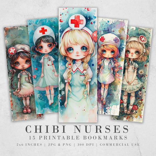 15 Chibi Nurses Watercolor Printable Bookmarks| Set of JPG Bookmarks for girls | PNG Bundle| Big Eyed Chibi Girl Sublimation Set | Cute Gift