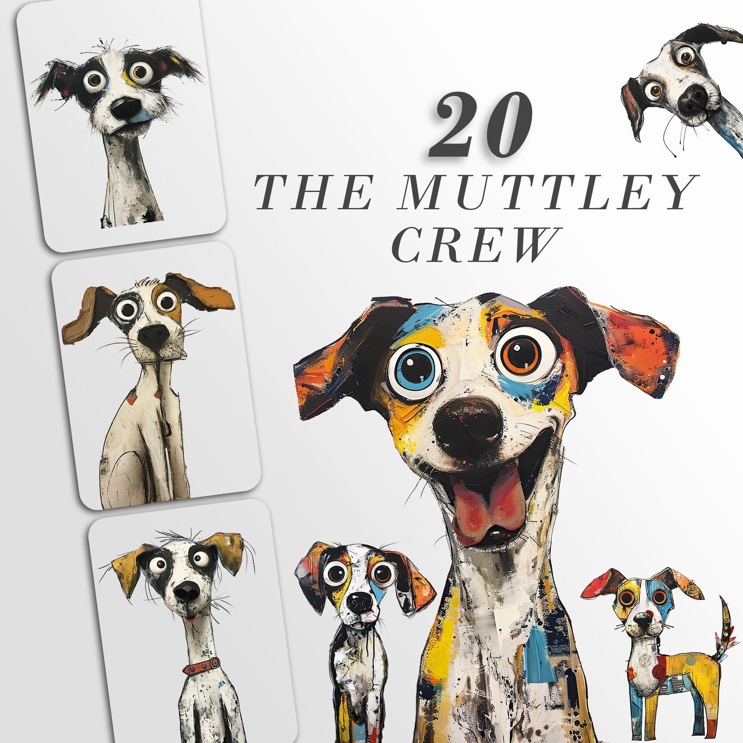 The Muttley Crew Clipart: Quirky Dog Characters | Mixed Media Mutts | Junk Journal Art | PNG Bundle| Sublimation files| Digital Illustration