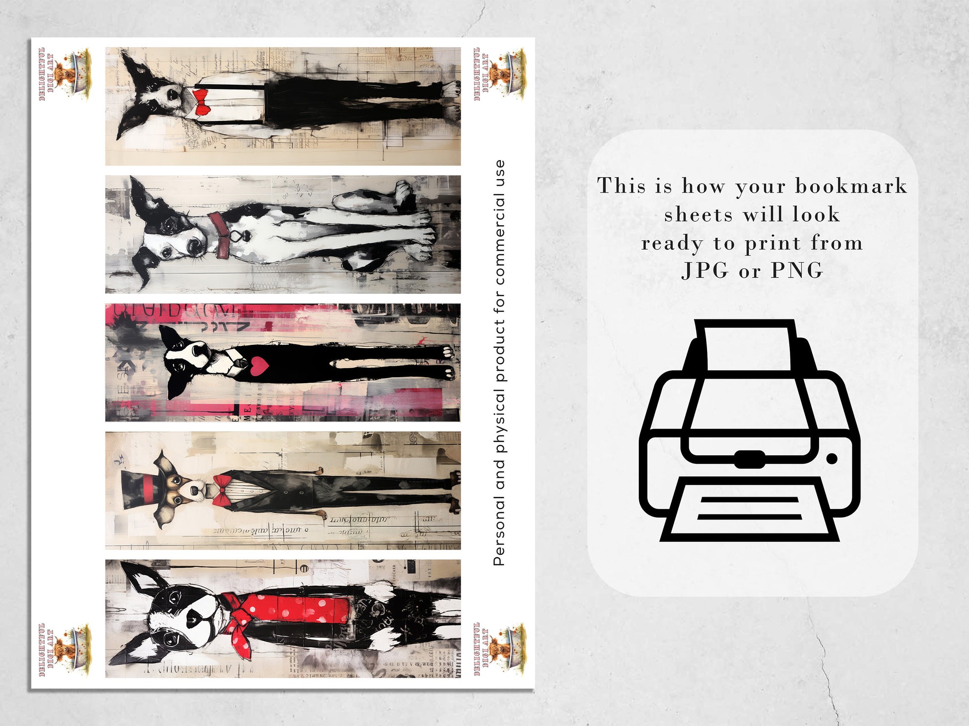 The Woof Pack Printable Bookmarks| 10 Quirky Mixed Media Dog Bookmark Sheets| PNG bookmark sublimation| Whimsical Dogs Digital Bookmarks