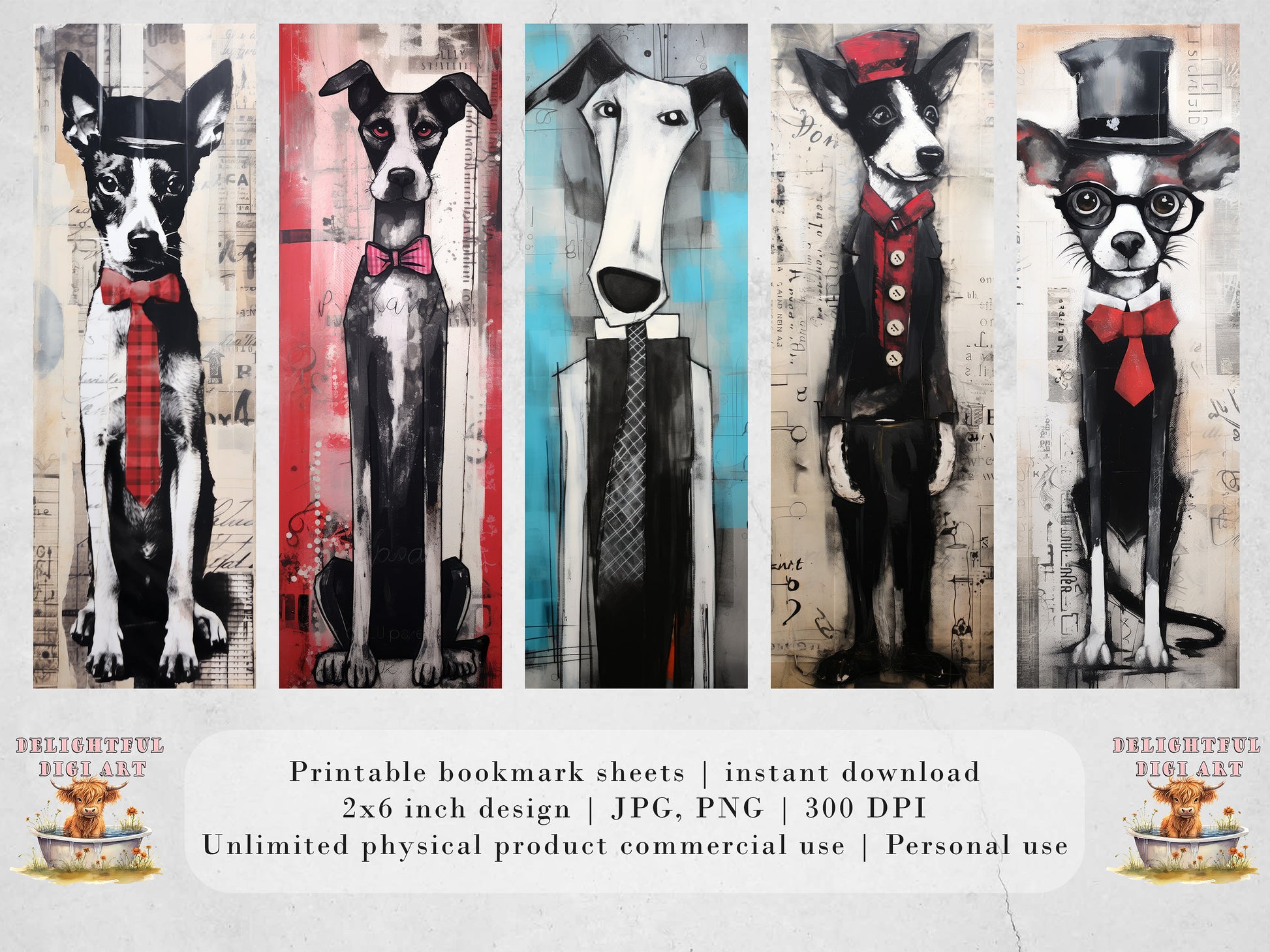 The Woof Pack Printable Bookmarks| 10 Quirky Mixed Media Dog Bookmark Sheets| PNG bookmark sublimation| Whimsical Dogs Digital Bookmarks