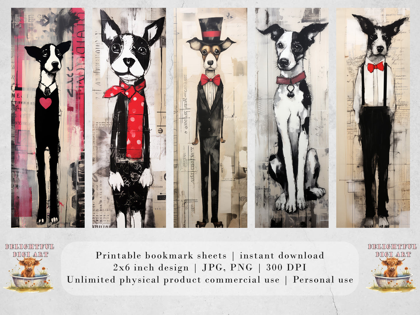 The Woof Pack Printable Bookmarks| 10 Quirky Mixed Media Dog Bookmark Sheets| PNG bookmark sublimation| Whimsical Dogs Digital Bookmarks