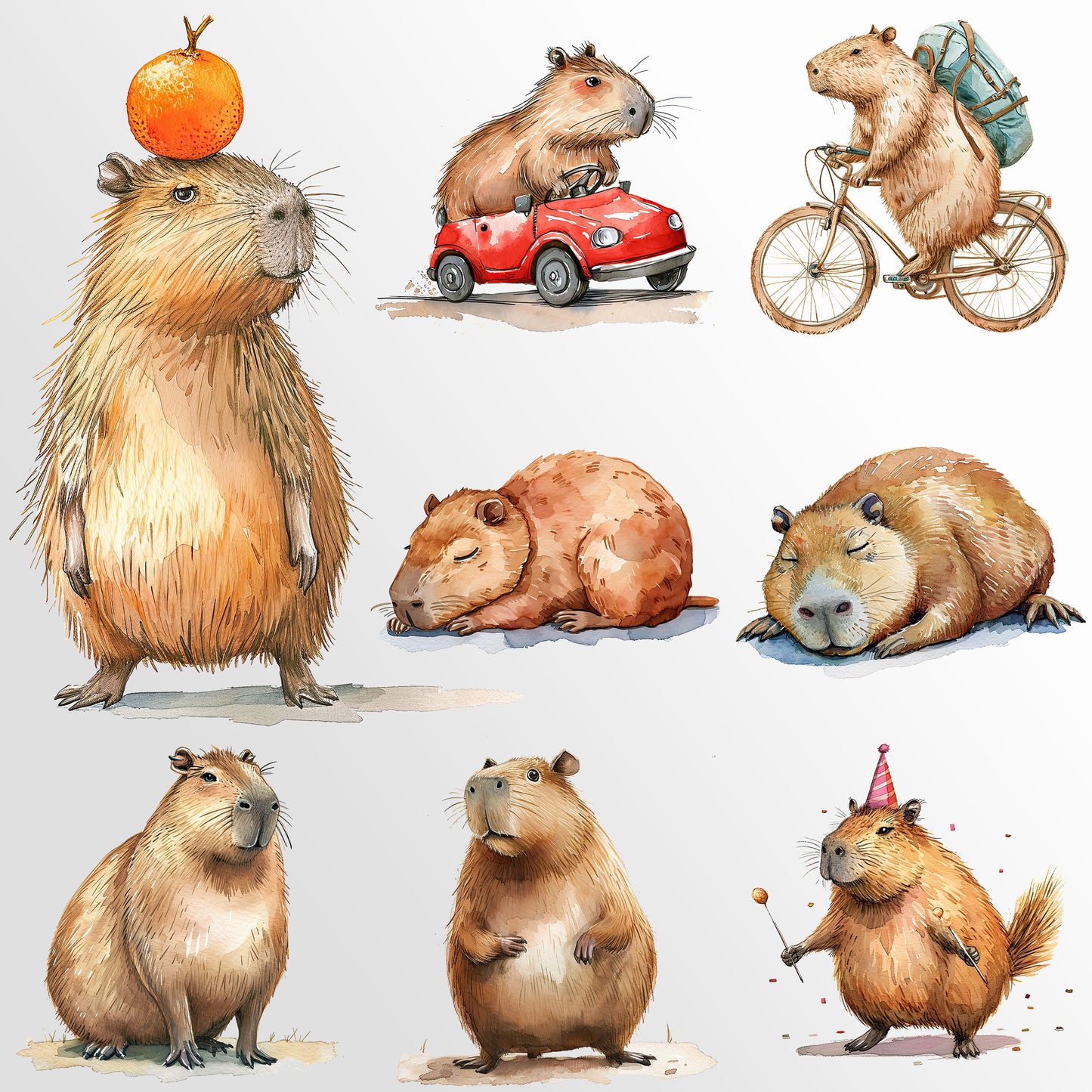 Cute Capybaras Clipart: Fun Rodent Characters Whimsical Watercolor Junk Journal Art | PNG Bundle| Sublimation files| Digital Illustration