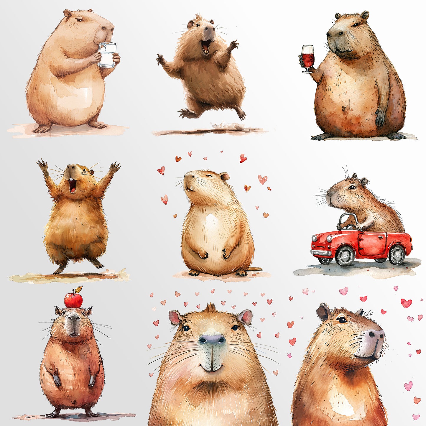 Cute Capybaras Clipart: Fun Rodent Characters Whimsical Watercolor Junk Journal Art | PNG Bundle| Sublimation files| Digital Illustration