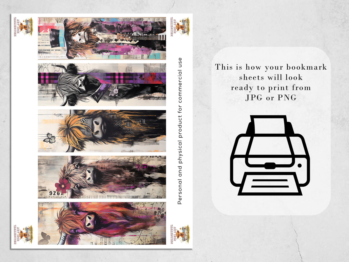 The Bovine Brigade Printable Bookmarks| 15 Quirky Mixed Media Cow Bookmark Sheets| PNG bookmark sublimation| Highland Cow Digital Bookmarks