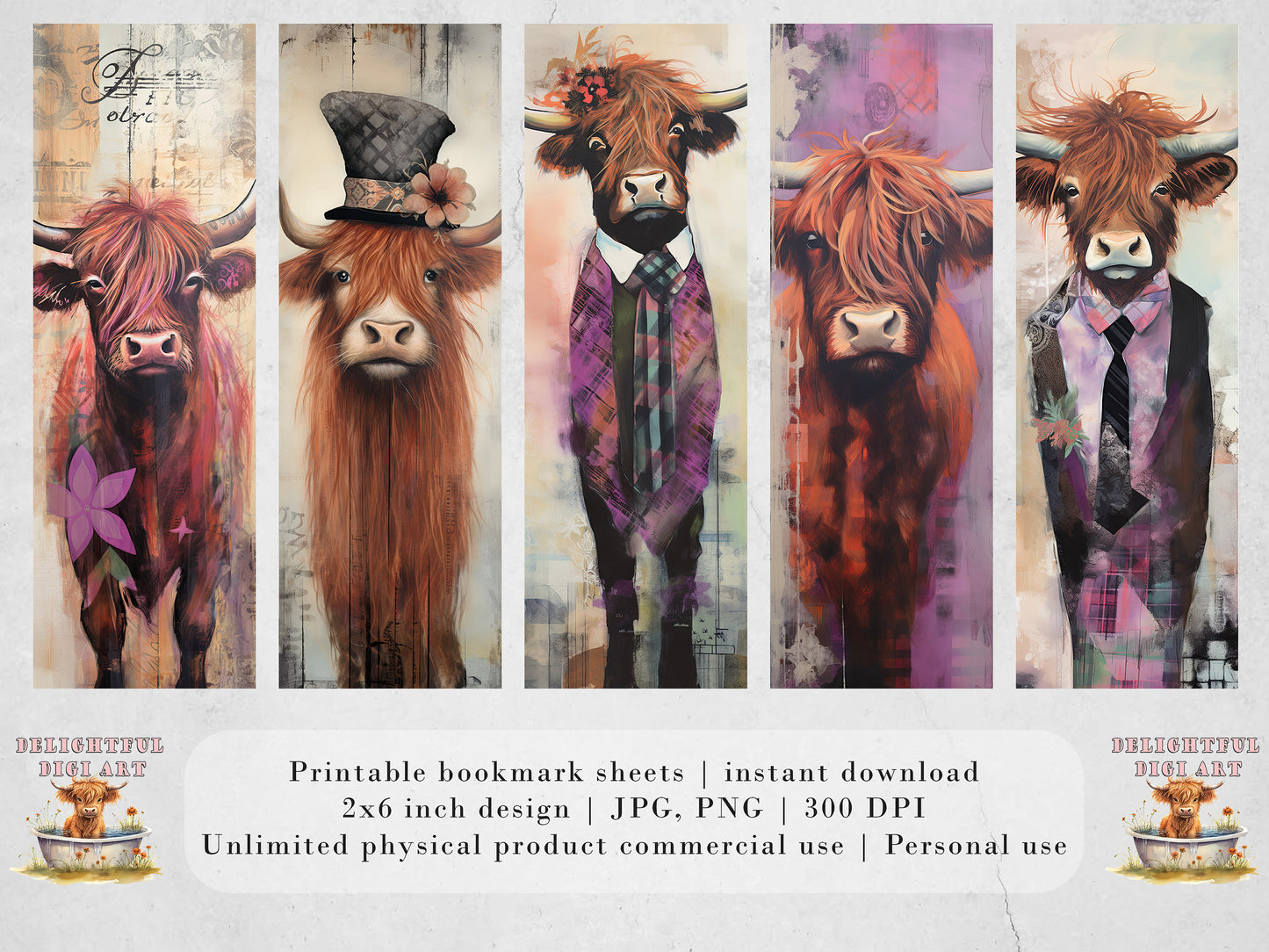 The Bovine Brigade Printable Bookmarks| 15 Quirky Mixed Media Cow Bookmark Sheets| PNG bookmark sublimation| Highland Cow Digital Bookmarks