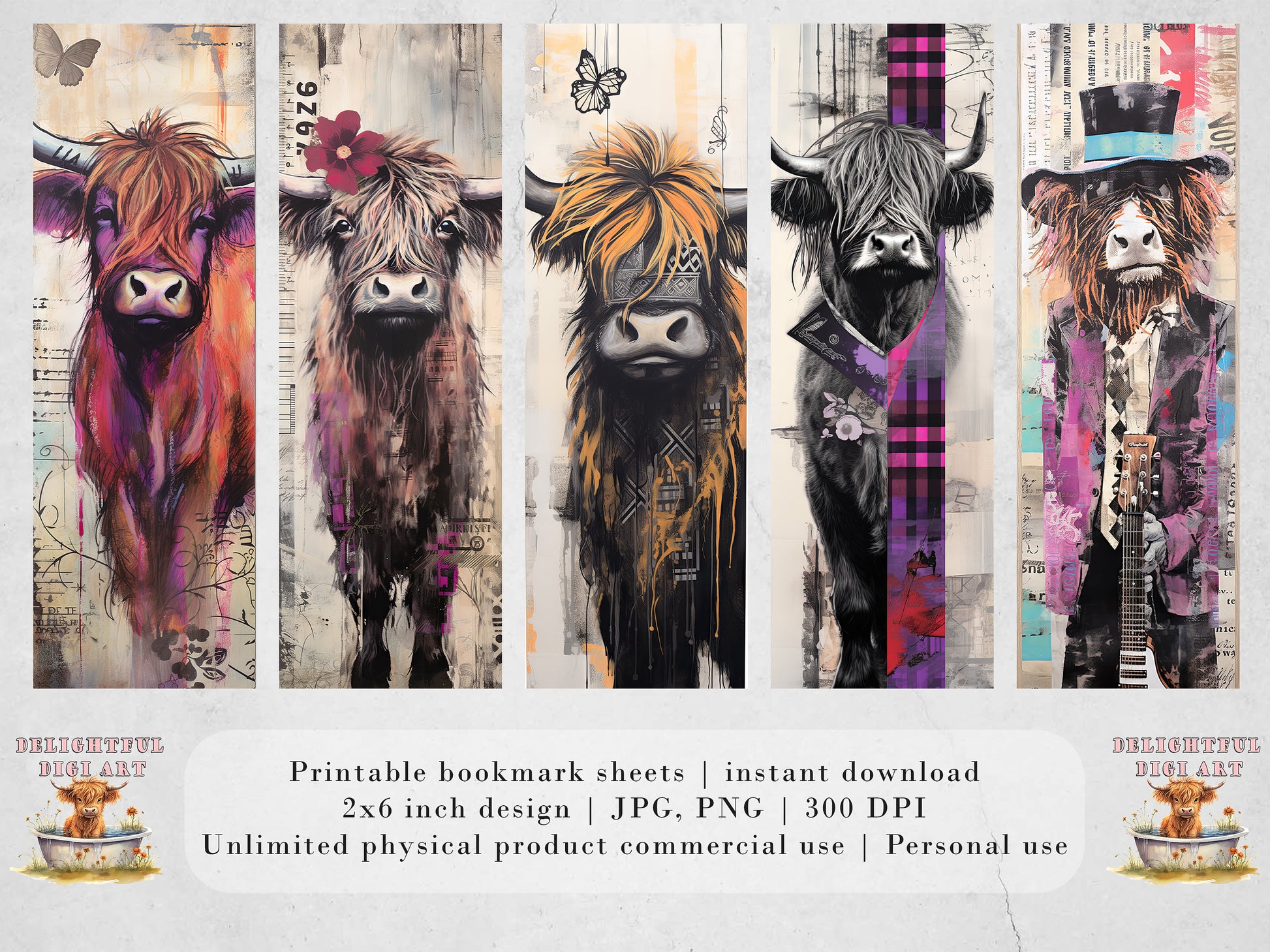 The Bovine Brigade Printable Bookmarks| 15 Quirky Mixed Media Cow Bookmark Sheets| PNG bookmark sublimation| Highland Cow Digital Bookmarks