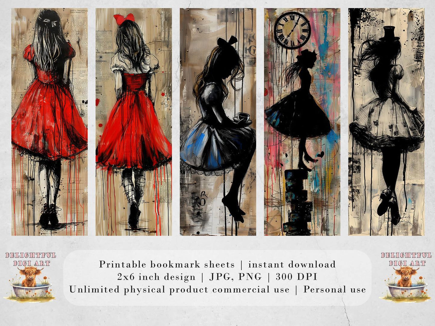 20 Whimsical Wonderland Printable Bookmarks| Mixed Media Girl Bookmark Sheets| PNG bookmark sublimation| Mixed Media Digital Bookmarks