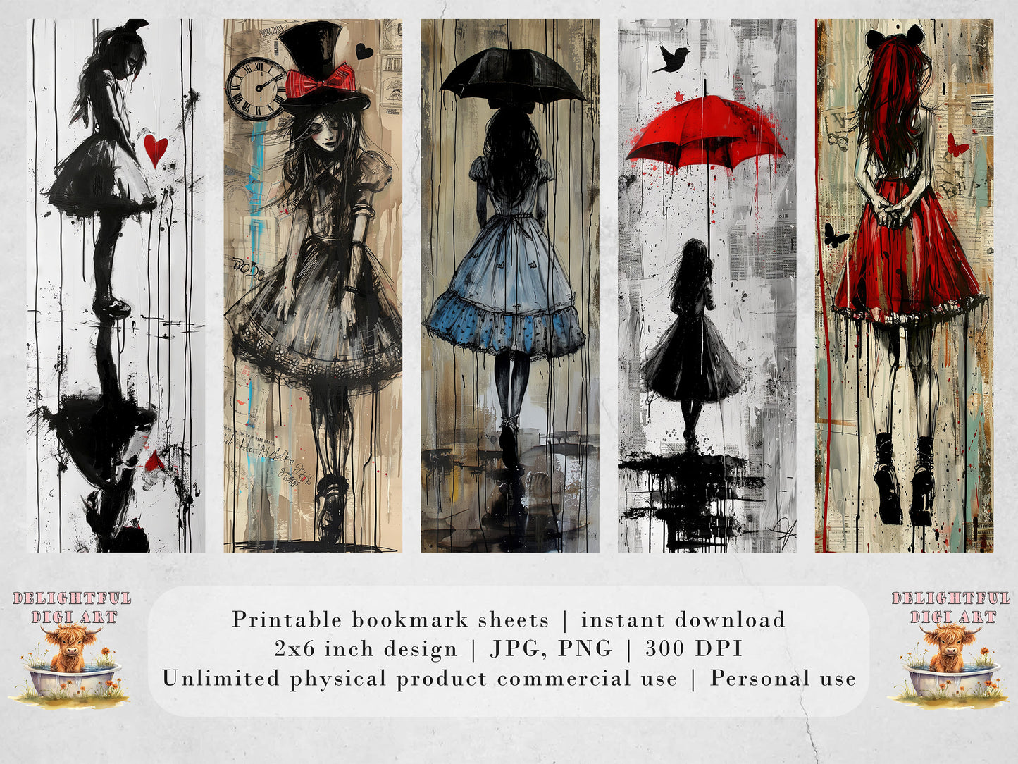 20 Whimsical Wonderland Printable Bookmarks| Mixed Media Girl Bookmark Sheets| PNG bookmark sublimation| Mixed Media Digital Bookmarks