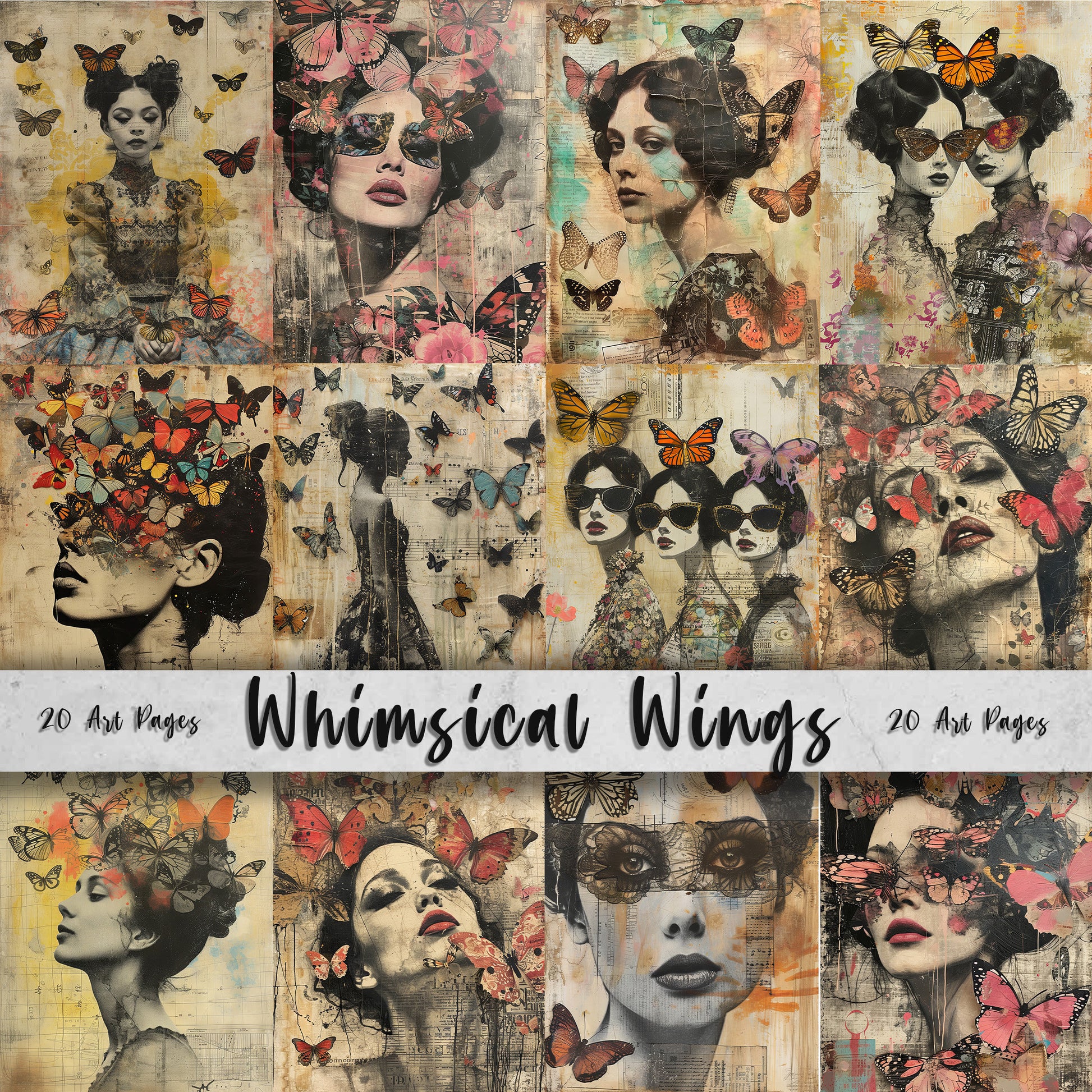 20 Whimsical Wings Printable Art Pages| Vintage Junk Journal Paper Set| Mixed Media sublimation| Fantastic Butterflies and Girls Ephemera