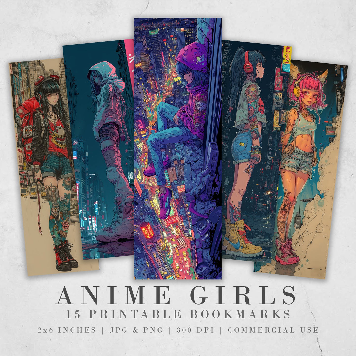 15 Anime Girls Printable Bookmarks| Cyberpunk Bookmark Sheets| PNG bookmark sublimation| Manga Digital Bookmarks tattoos and city scape