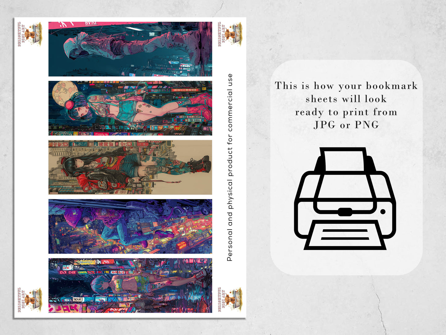 15 Anime Girls Printable Bookmarks| Cyberpunk Bookmark Sheets| PNG bookmark sublimation| Manga Digital Bookmarks tattoos and city scape