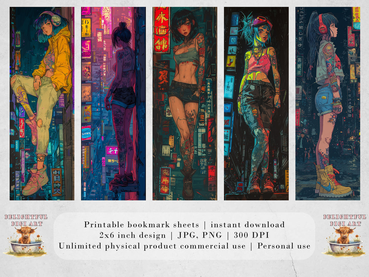 15 Anime Girls Printable Bookmarks| Cyberpunk Bookmark Sheets| PNG bookmark sublimation| Manga Digital Bookmarks tattoos and city scape