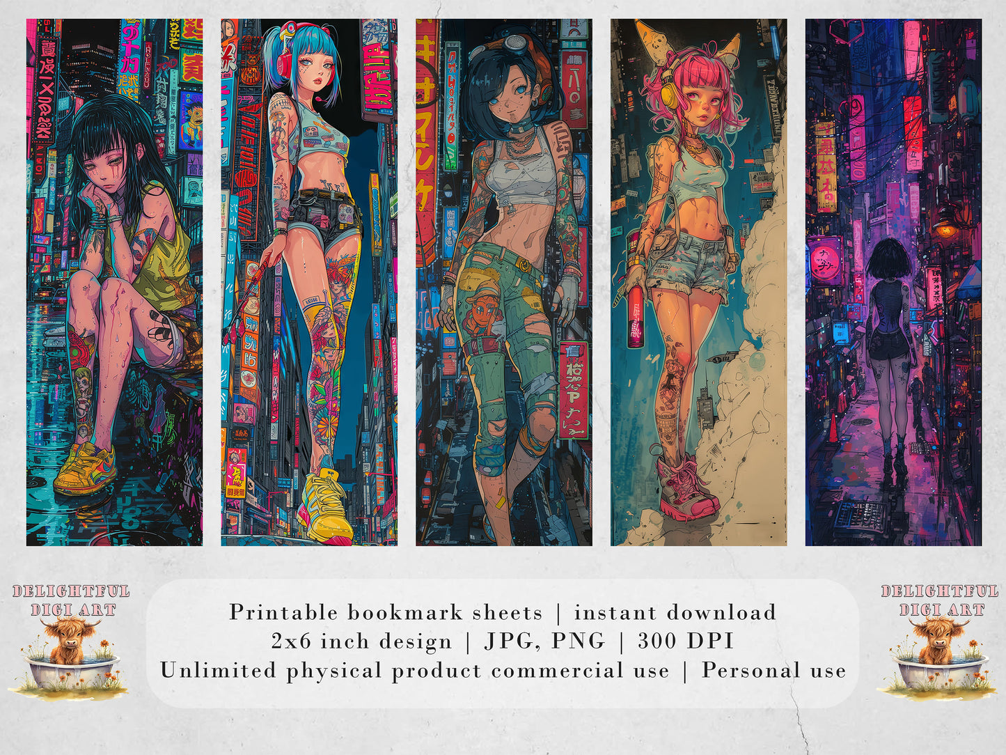 15 Anime Girls Printable Bookmarks| Cyberpunk Bookmark Sheets| PNG bookmark sublimation| Manga Digital Bookmarks tattoos and city scape