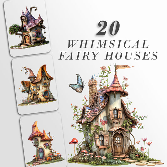 Whimsical Fairy Houses, Commercial Use, Quirky Fantasy Houses, Fun Clipart for Digital Scrapbooking junk journals, 20 Png, Kids illustration