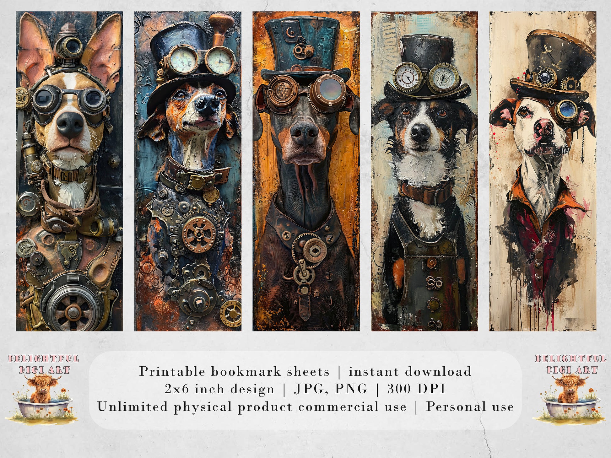 Steampunk Dogs Printable Bookmarks| 20 Quirky Mixed Media Dog Bookmark Sheets| PNG bookmark sublimation| Whimsical Pups Digital Bookmarks