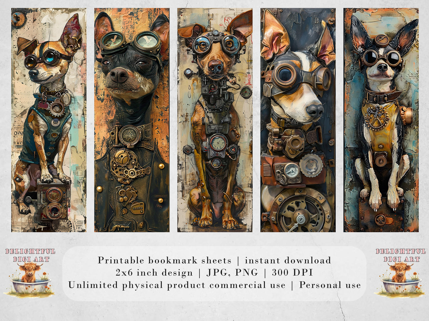 Steampunk Dogs Printable Bookmarks| 20 Quirky Mixed Media Dog Bookmark Sheets| PNG bookmark sublimation| Whimsical Pups Digital Bookmarks