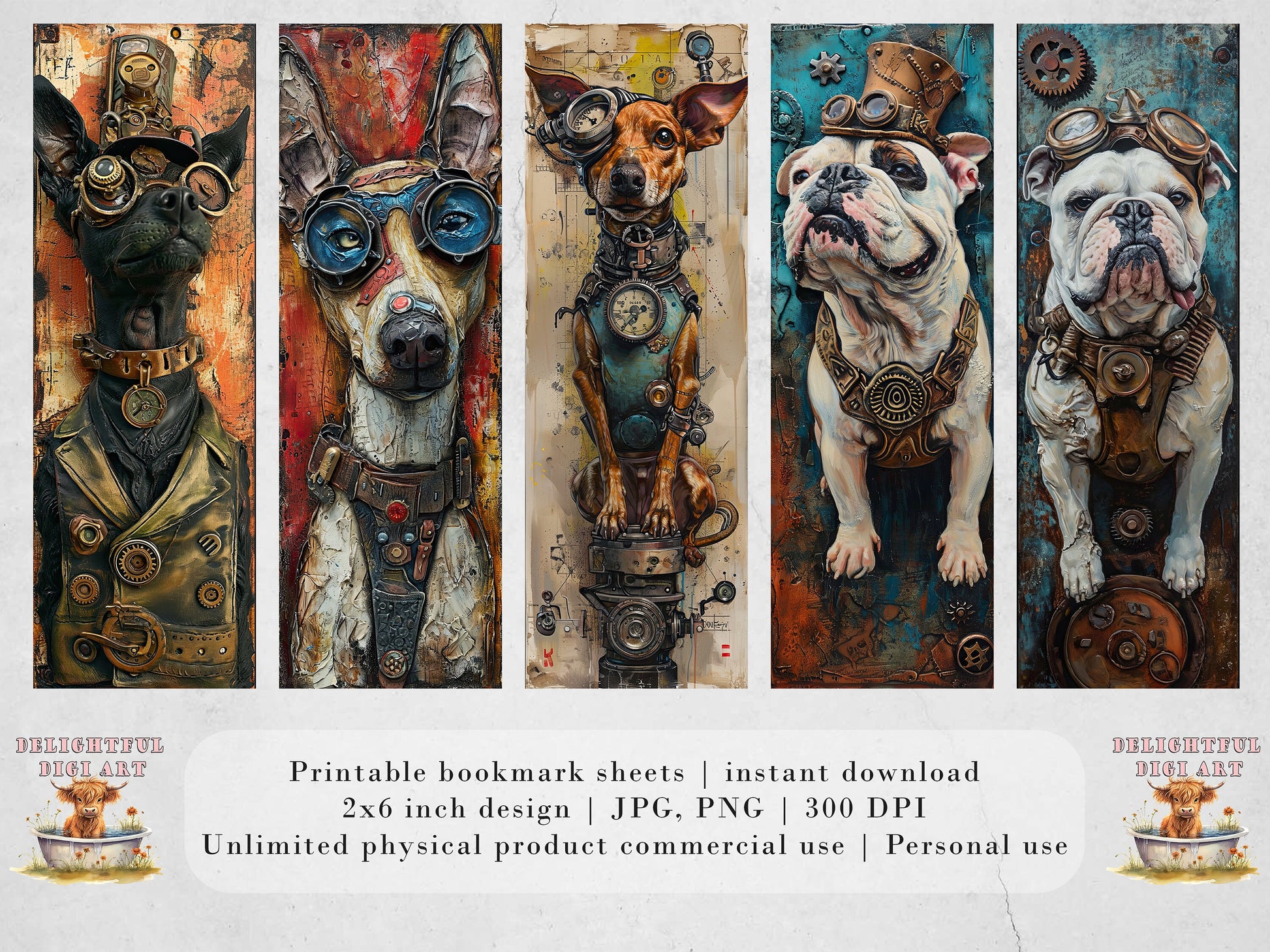 Steampunk Dogs Printable Bookmarks| 20 Quirky Mixed Media Dog Bookmark Sheets| PNG bookmark sublimation| Whimsical Pups Digital Bookmarks