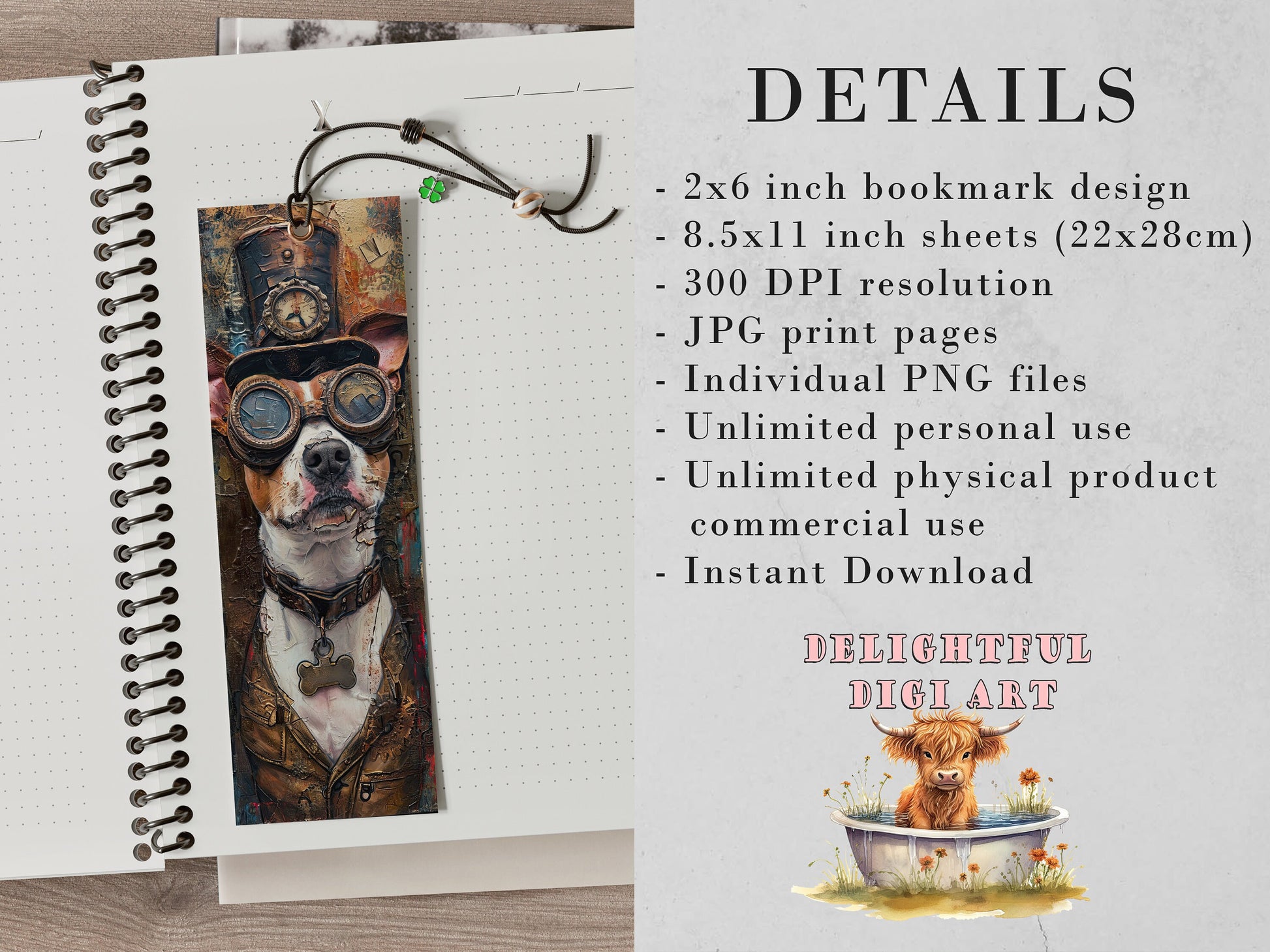 Steampunk Dogs Printable Bookmarks| 20 Quirky Mixed Media Dog Bookmark Sheets| PNG bookmark sublimation| Whimsical Pups Digital Bookmarks