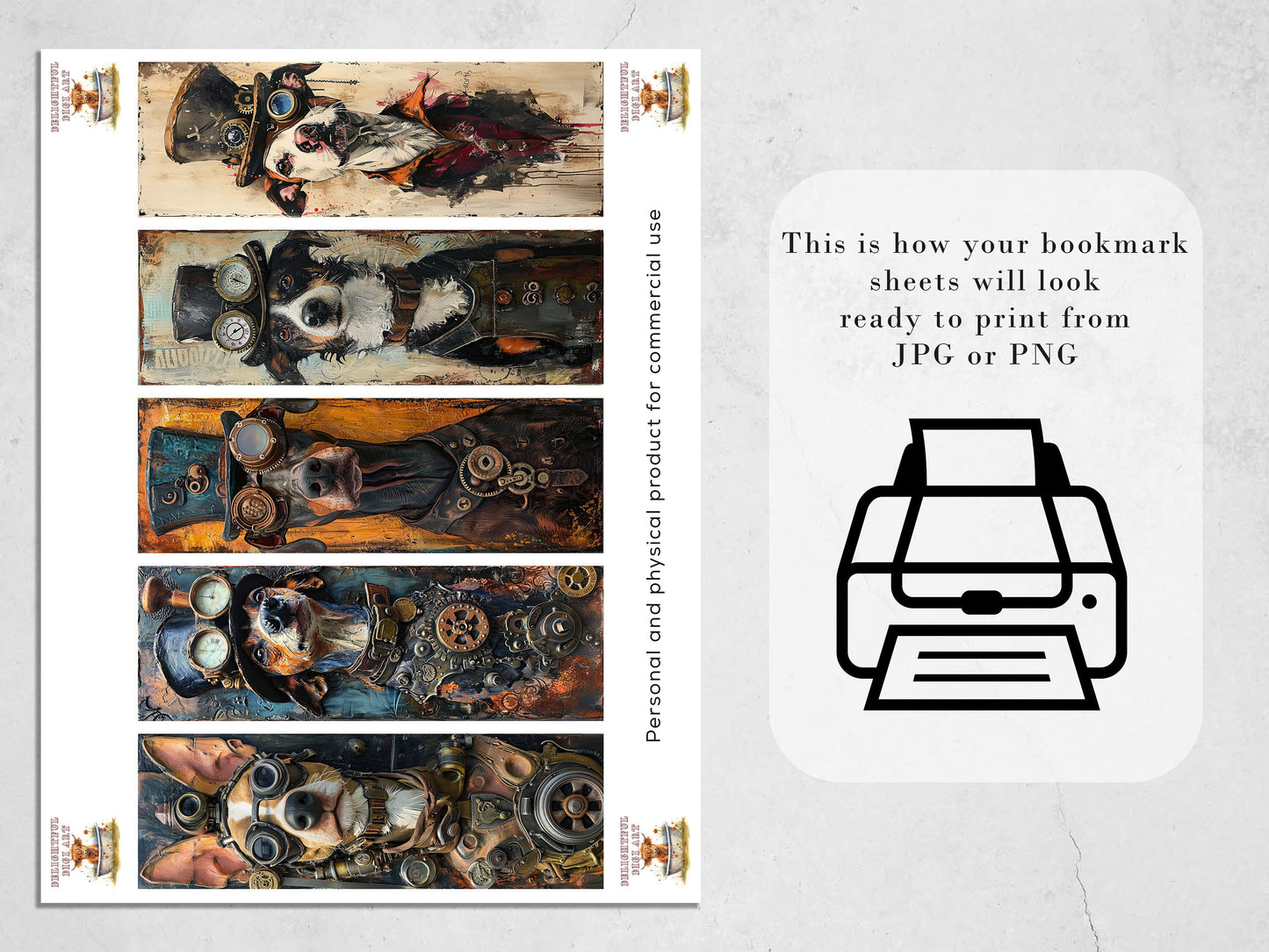 Steampunk Dogs Printable Bookmarks| 20 Quirky Mixed Media Dog Bookmark Sheets| PNG bookmark sublimation| Whimsical Pups Digital Bookmarks