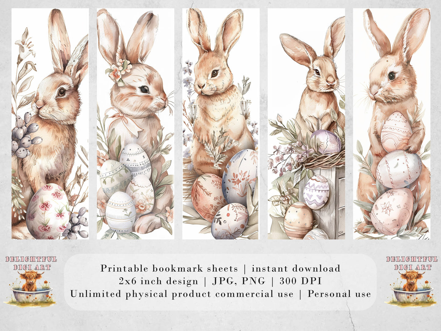 15 Easter Bunnies Printable Bookmarks | Digital Download JPG Bookmark Sheets | PNG bookmark sublimation | Floral Rabbits bookmark set | Gift