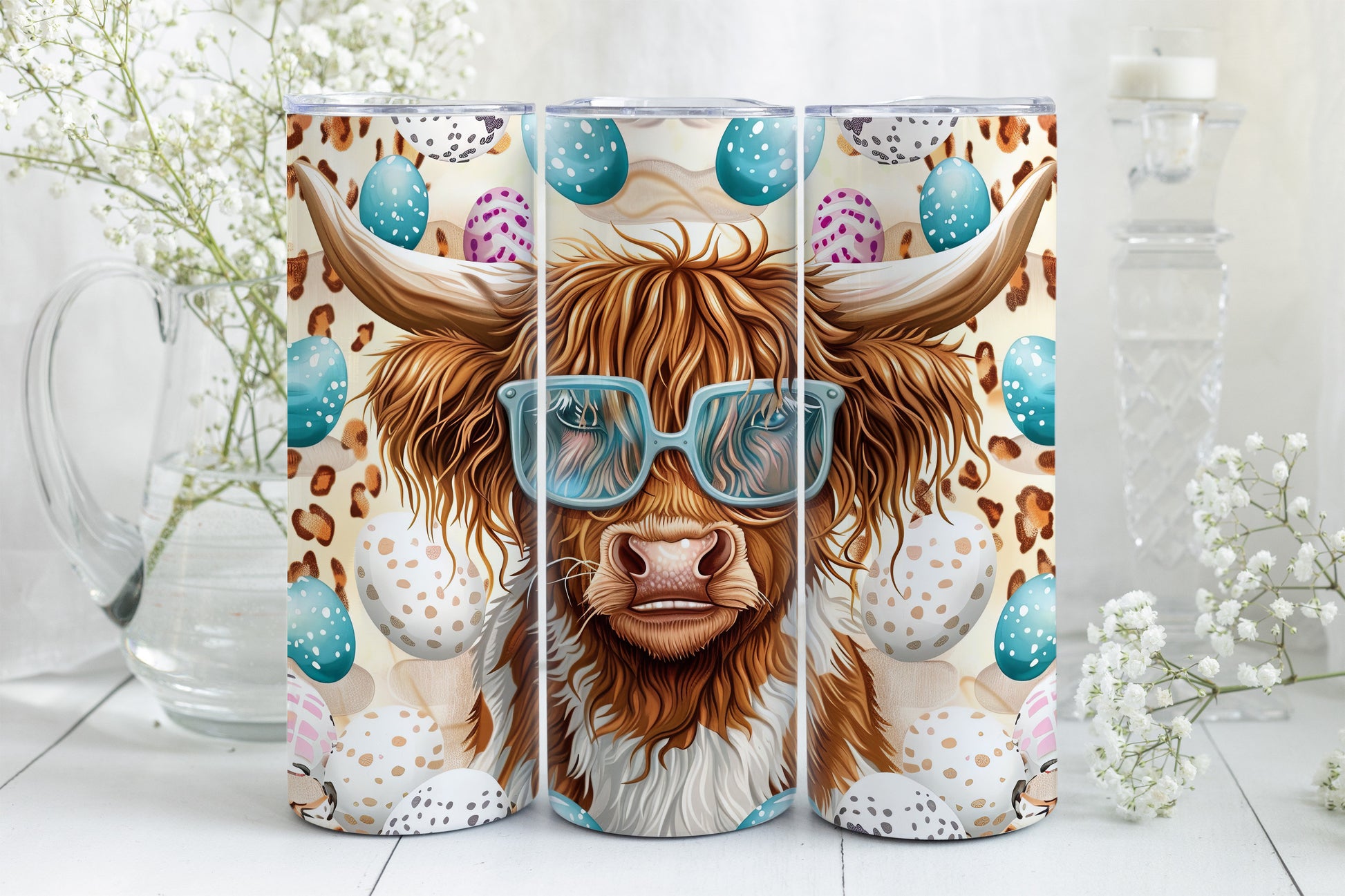 8 Easter Highland Cow 20oz Skinny Tumbler Sublimation Wraps | Digital Download Straight Tumbler Wrap PNG| Seamless Easter Egg Design Bundle