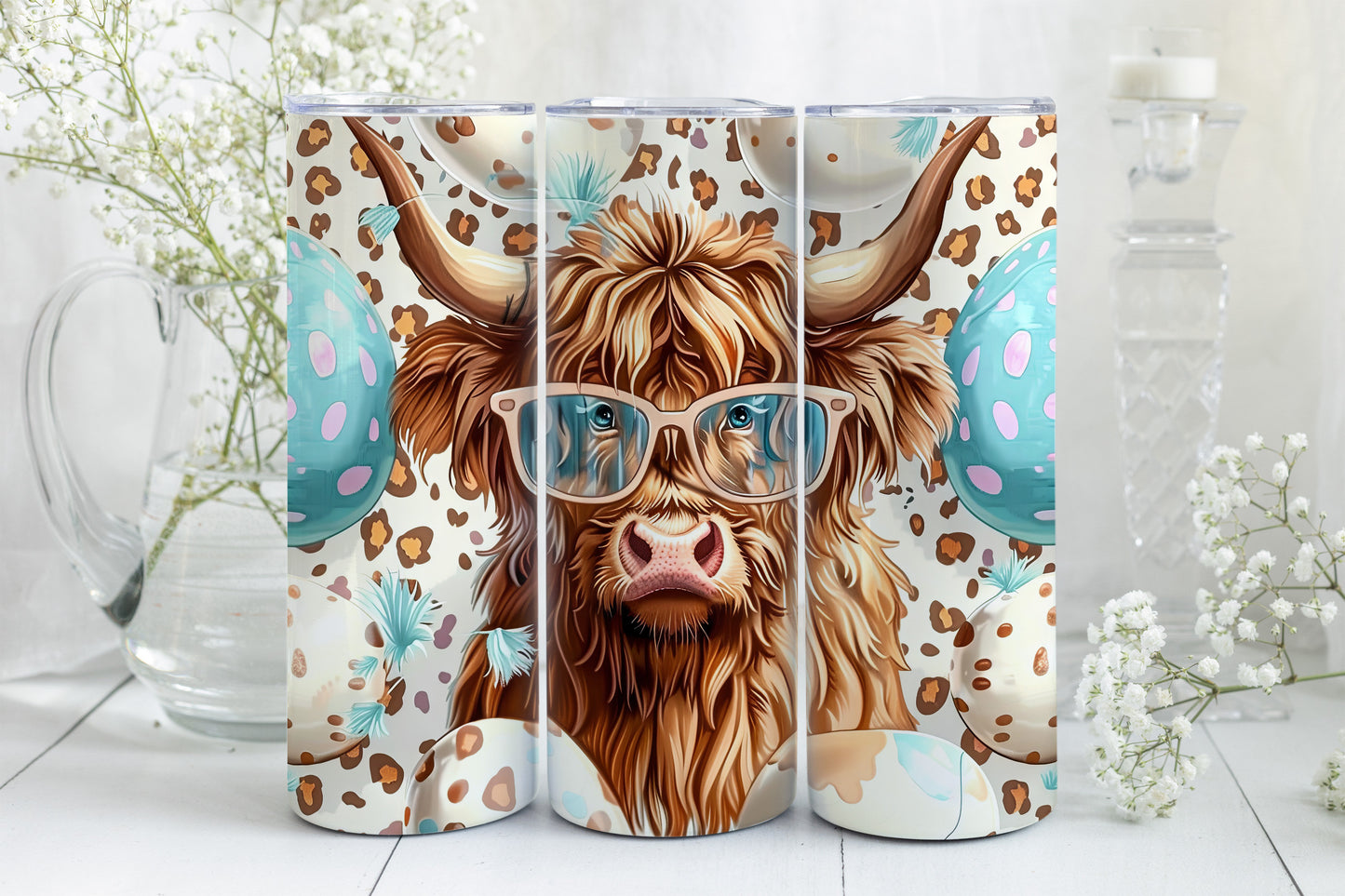 8 Easter Highland Cow 20oz Skinny Tumbler Sublimation Wraps | Digital Download Straight Tumbler Wrap PNG| Seamless Easter Egg Design Bundle