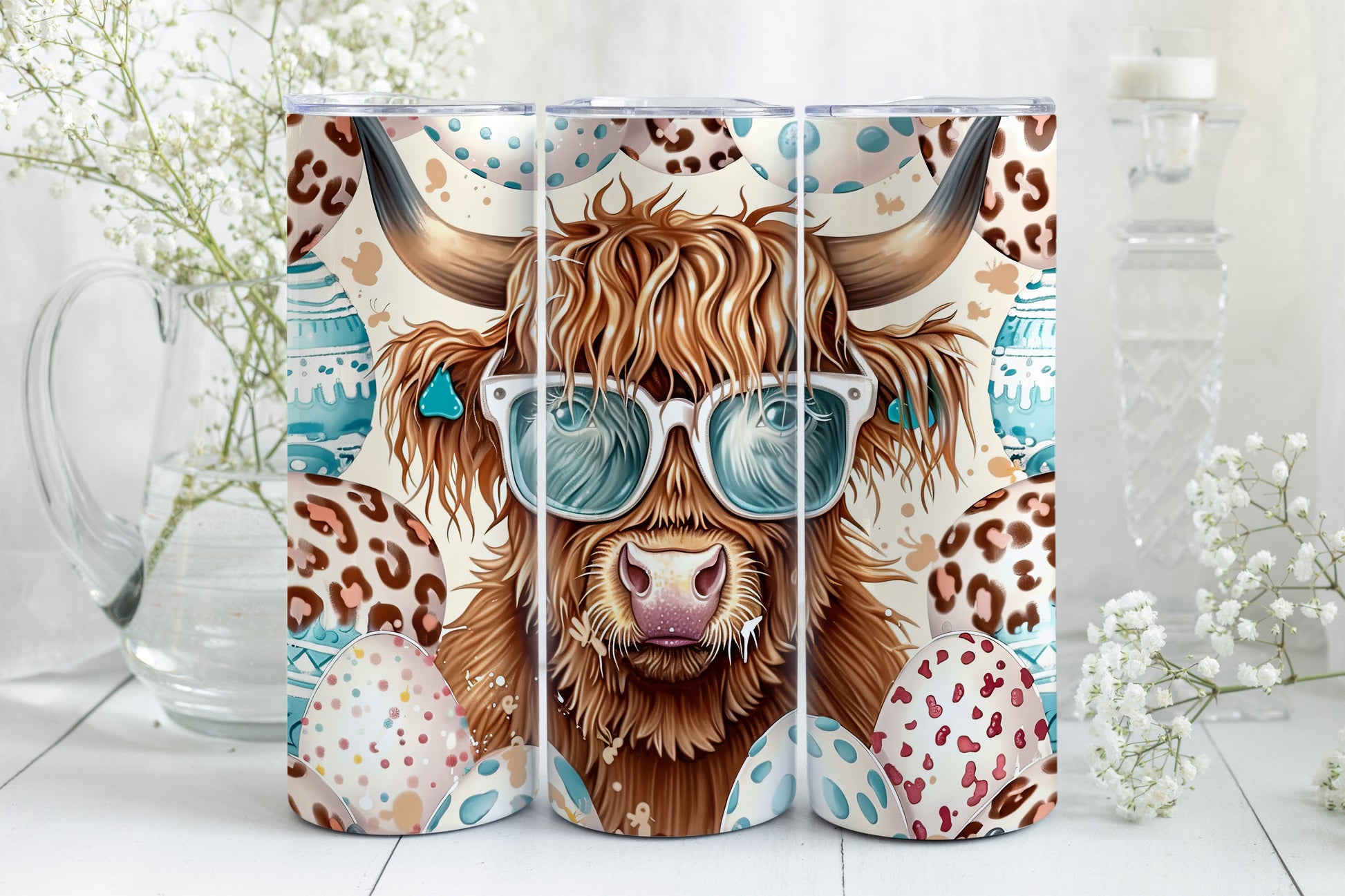 8 Easter Highland Cow 20oz Skinny Tumbler Sublimation Wraps | Digital Download Straight Tumbler Wrap PNG| Seamless Easter Egg Design Bundle