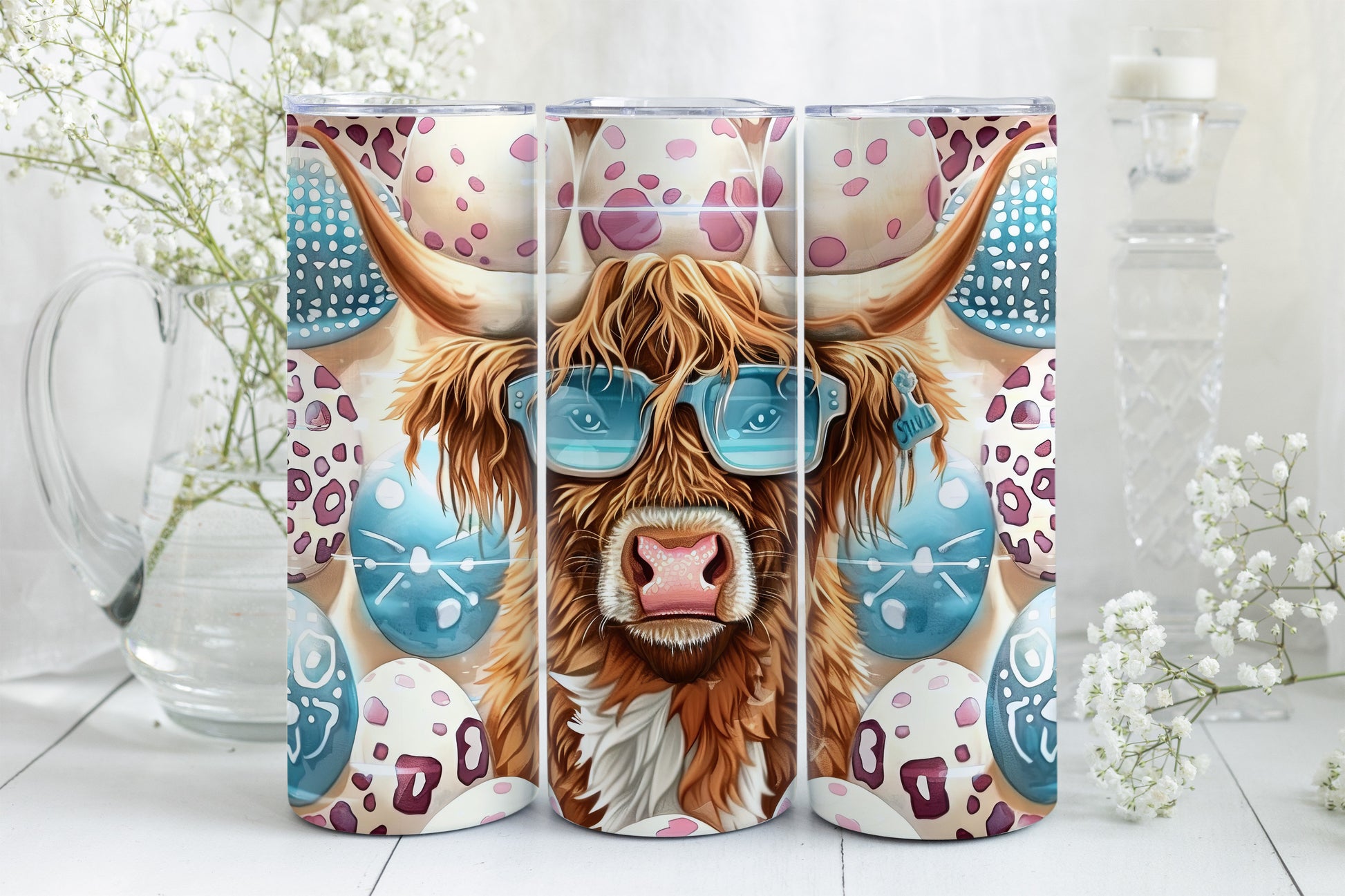 8 Easter Highland Cow 20oz Skinny Tumbler Sublimation Wraps | Digital Download Straight Tumbler Wrap PNG| Seamless Easter Egg Design Bundle