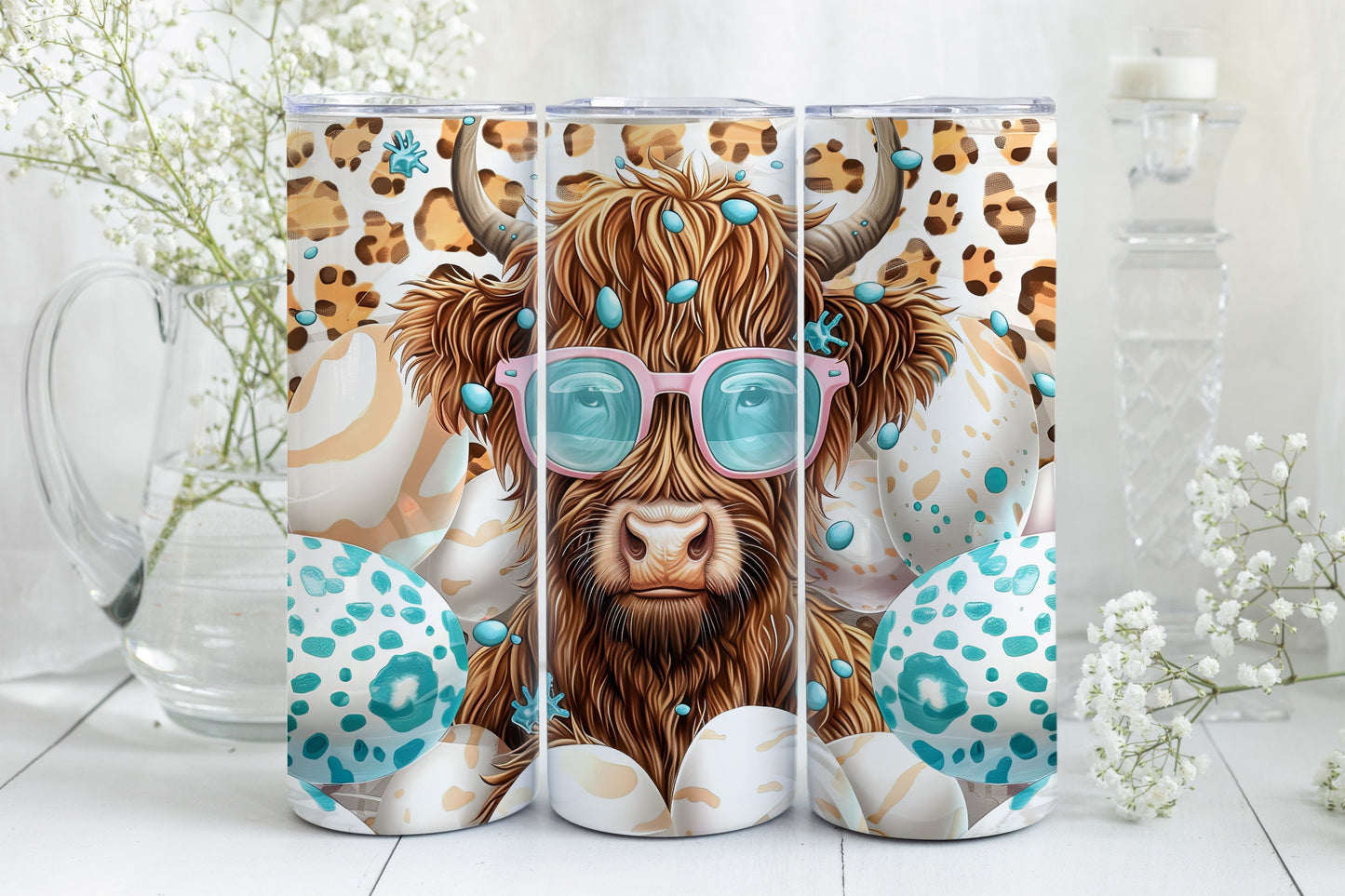 8 Easter Highland Cow 20oz Skinny Tumbler Sublimation Wraps | Digital Download Straight Tumbler Wrap PNG| Seamless Easter Egg Design Bundle