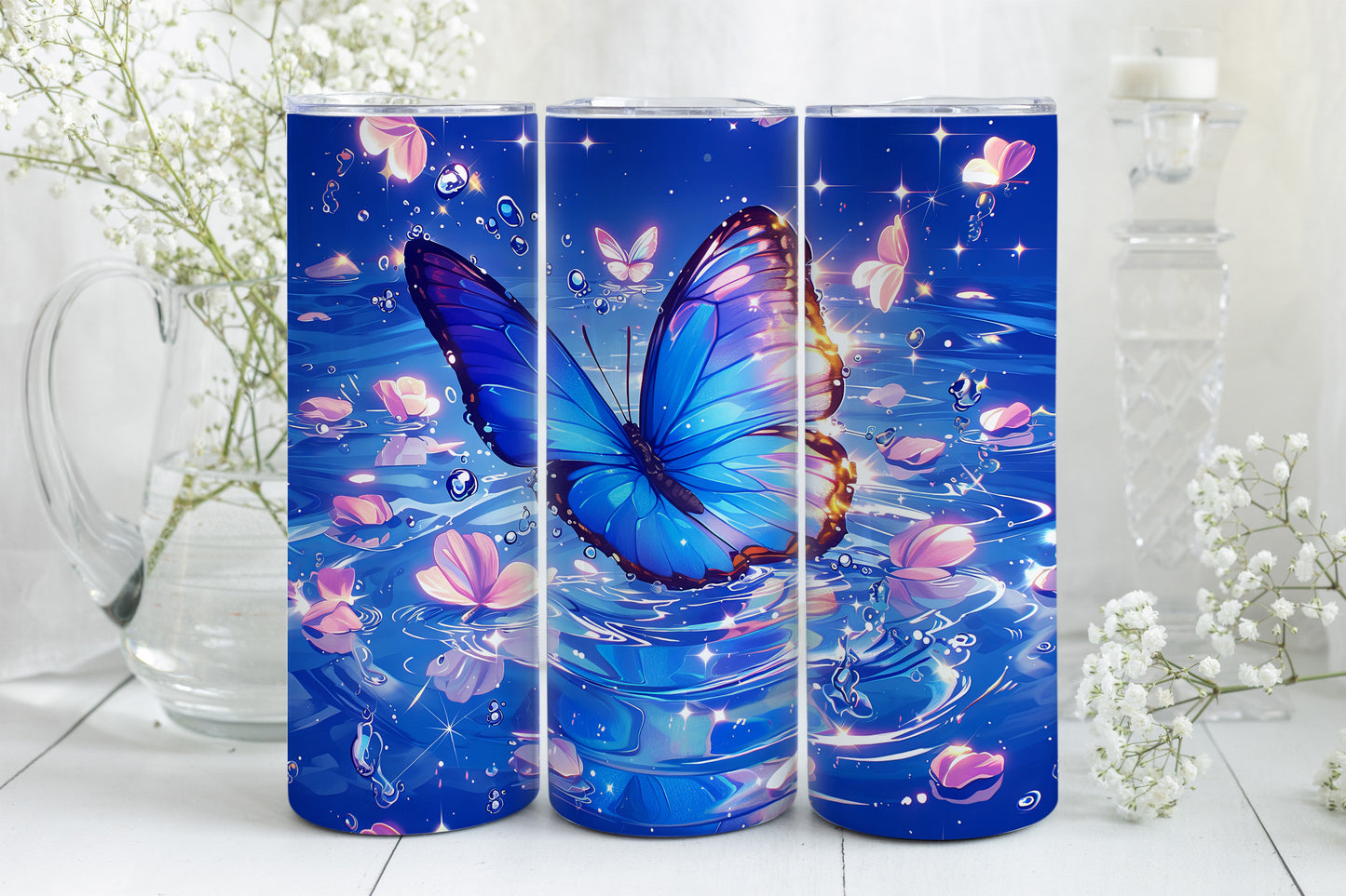 8 Butterfly 20oz Skinny Tumbler Sublimation Wraps | Straight Tumbler Wrap PNG| Golden Hour Seamless Design Bundle| Fun Mother's Day Gift