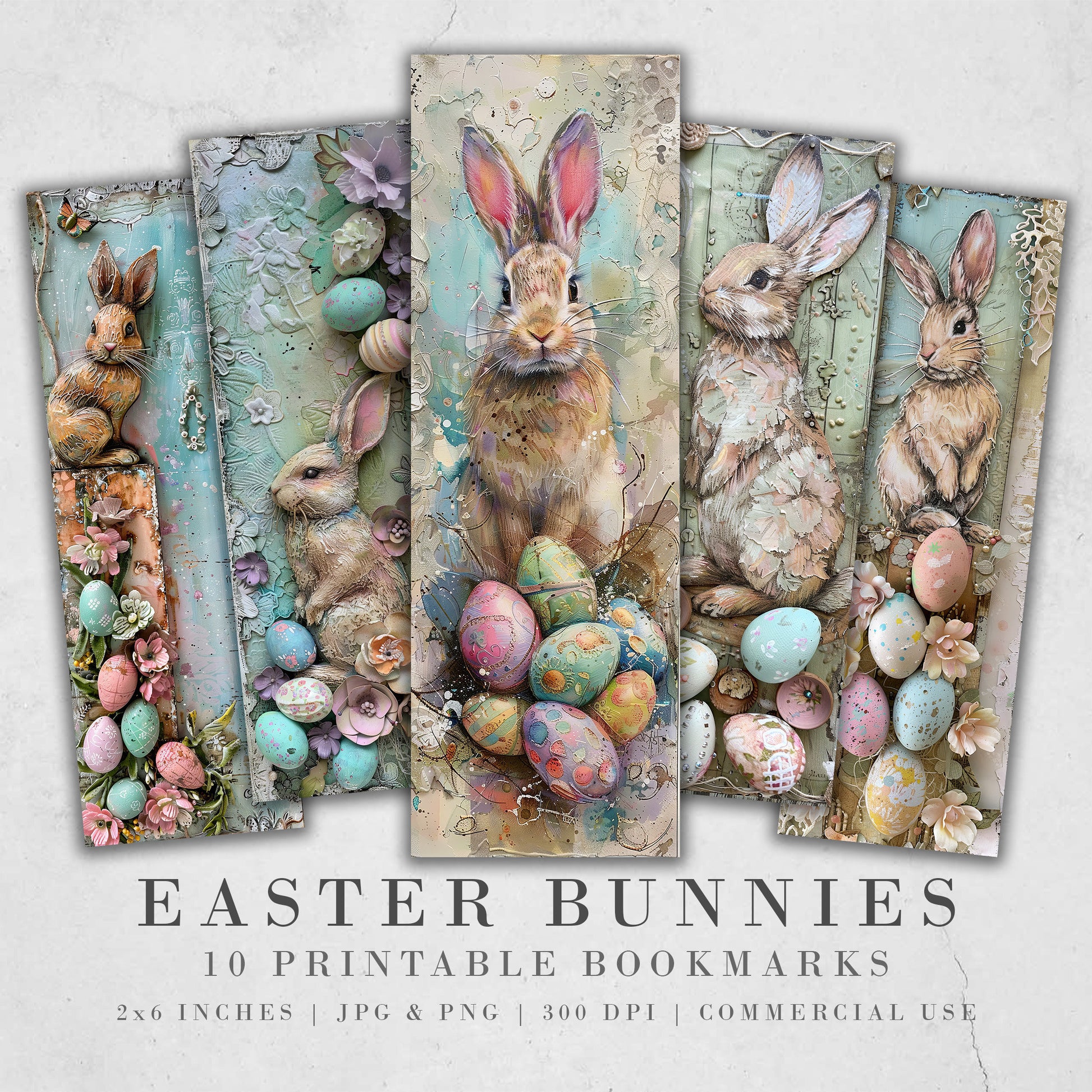 10 Easter Bunnies Printable Bookmarks | Digital Download JPG Bookmark Sheets | PNG bookmark sublimation | Mixed Media Rabbits bookmark set