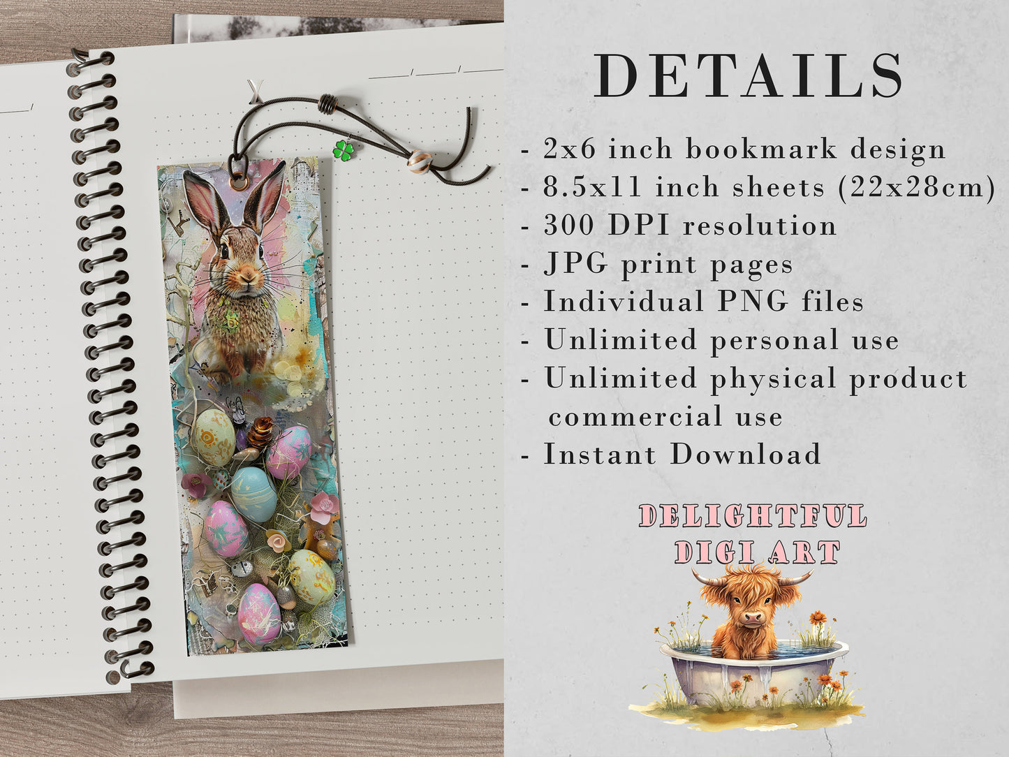 10 Easter Bunnies Printable Bookmarks | Digital Download JPG Bookmark Sheets | PNG bookmark sublimation | Mixed Media Rabbits bookmark set