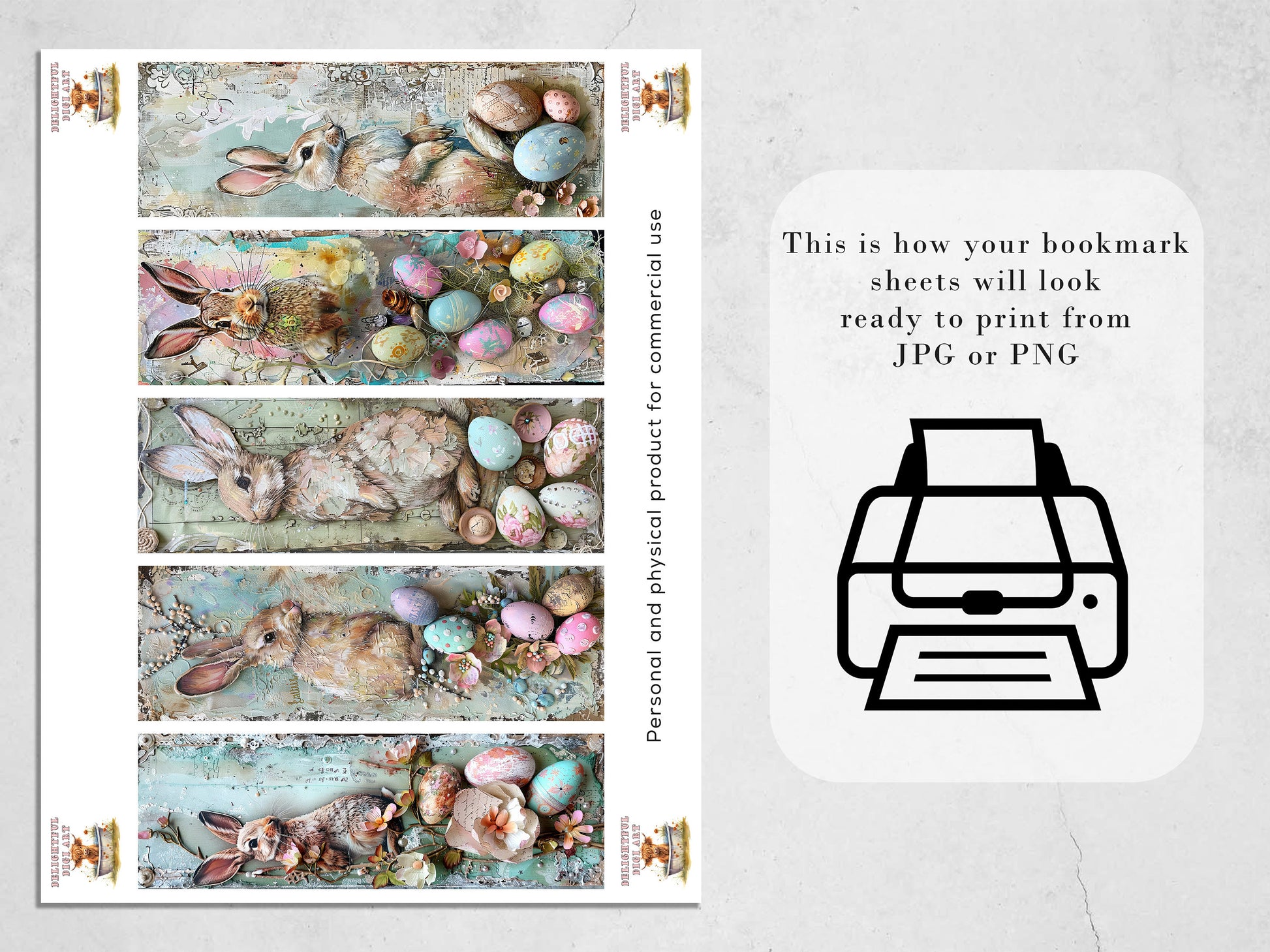 10 Easter Bunnies Printable Bookmarks | Digital Download JPG Bookmark Sheets | PNG bookmark sublimation | Mixed Media Rabbits bookmark set