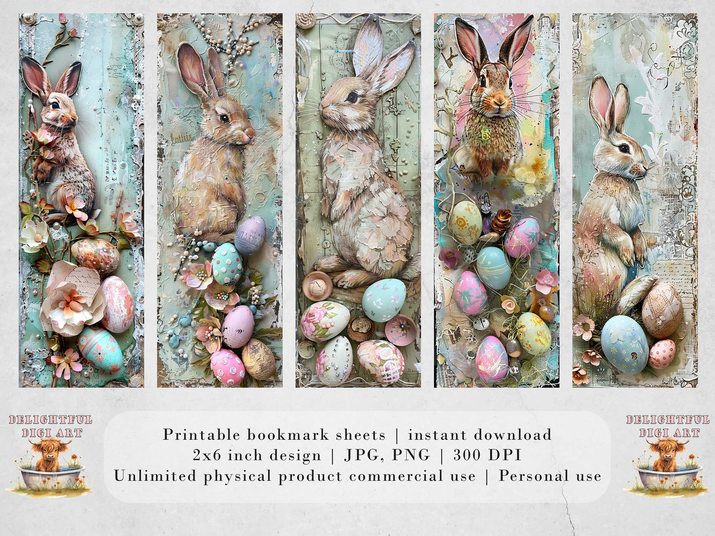 10 Easter Bunnies Printable Bookmarks | Digital Download JPG Bookmark Sheets | PNG bookmark sublimation | Mixed Media Rabbits bookmark set