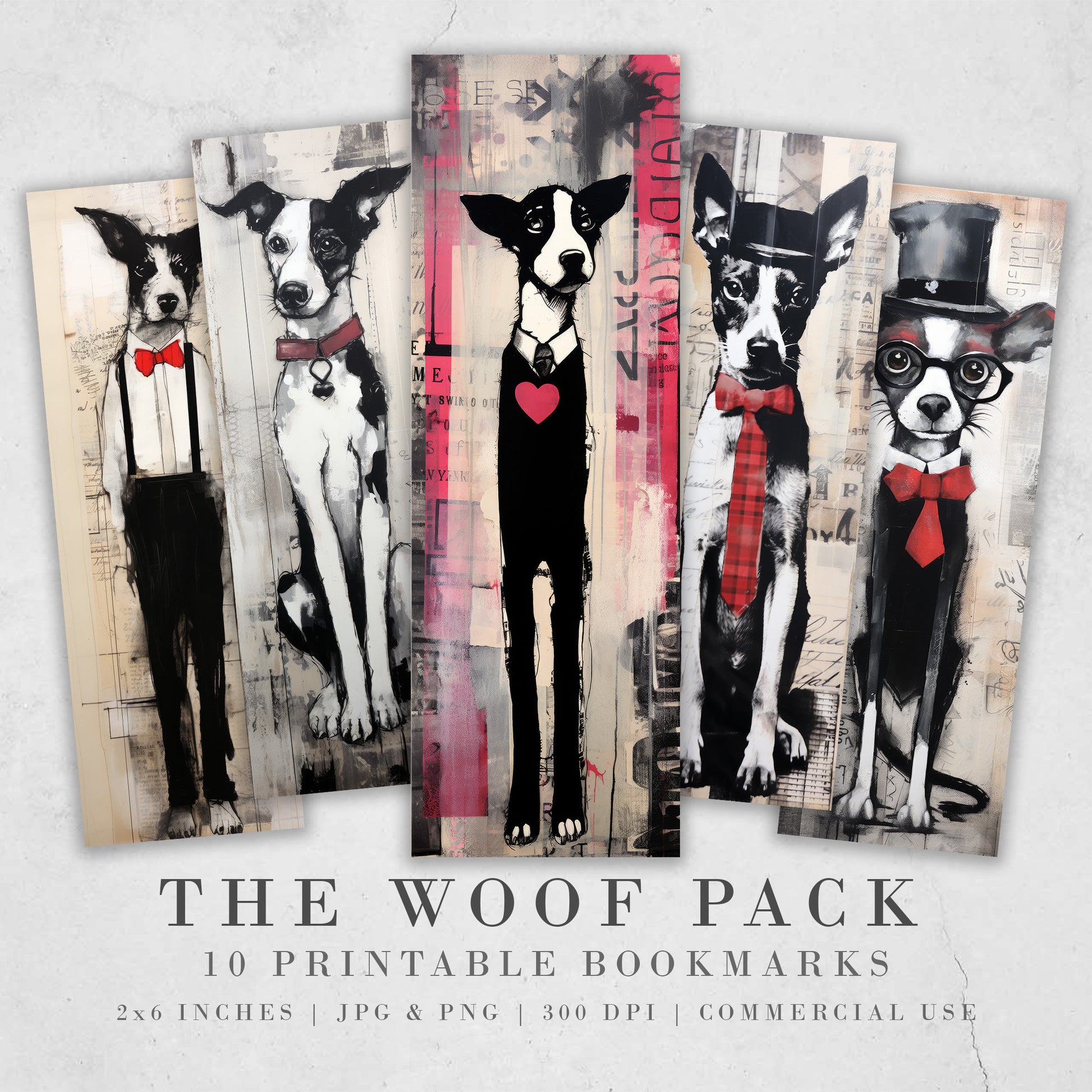 The Woof Pack Printable Bookmarks| 10 Quirky Mixed Media Dog Bookmark Sheets| PNG bookmark sublimation| Whimsical Dogs Digital Bookmarks