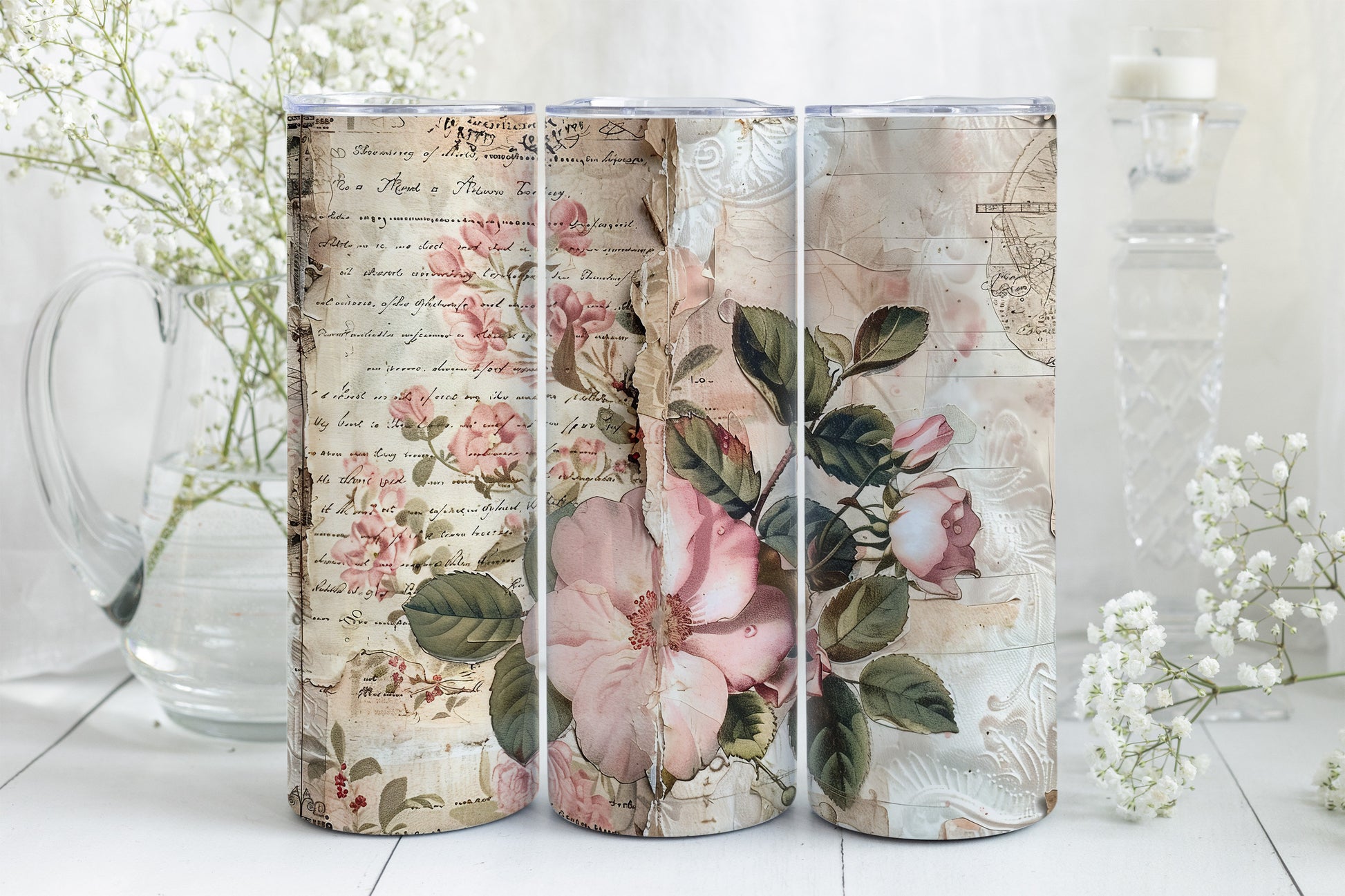 8 Junk Journal Pink Roses Tumbler Wraps, Straight 20oz Skinny Tumbler PNG, Vintage Design Bundle,Mother's Day Gift Mixed Media Flowers+Paper