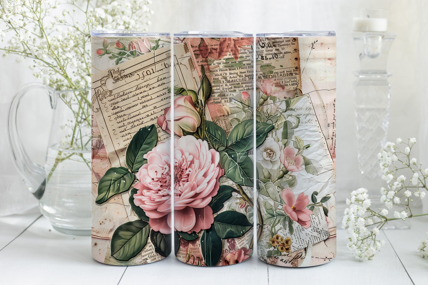 8 Junk Journal Pink Roses Tumbler Wraps, Straight 20oz Skinny Tumbler PNG, Vintage Design Bundle,Mother's Day Gift Mixed Media Flowers+Paper