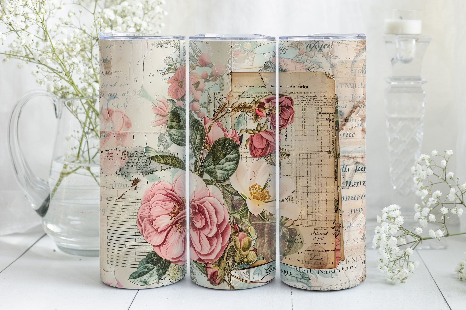 8 Junk Journal Pink Roses Tumbler Wraps, Straight 20oz Skinny Tumbler PNG, Vintage Design Bundle,Mother's Day Gift Mixed Media Flowers+Paper