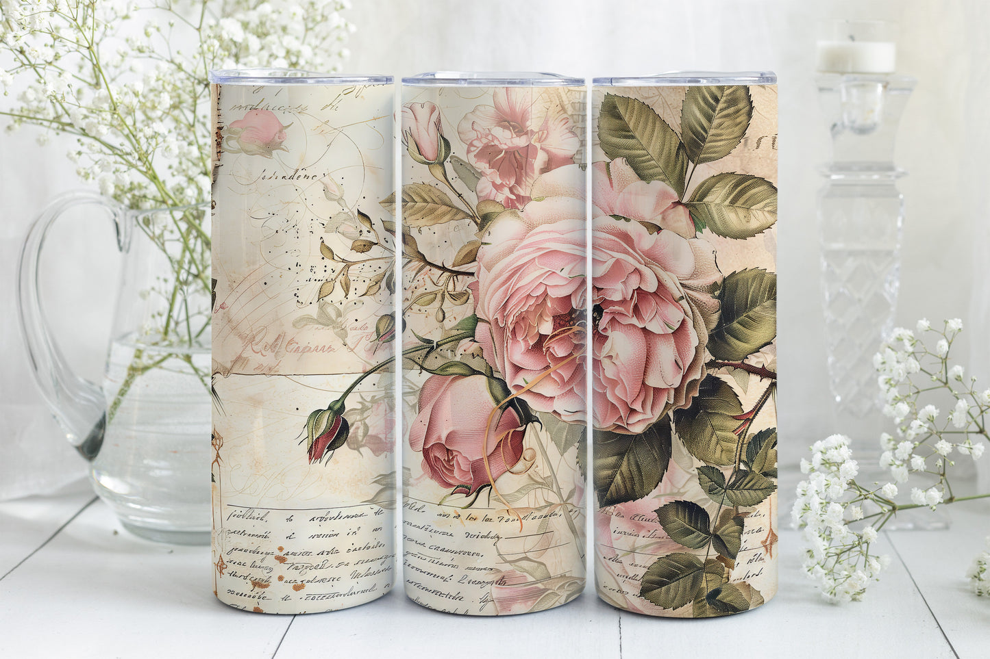 8 Junk Journal Pink Roses Tumbler Wraps, Straight 20oz Skinny Tumbler PNG, Vintage Design Bundle,Mother's Day Gift Mixed Media Flowers+Paper