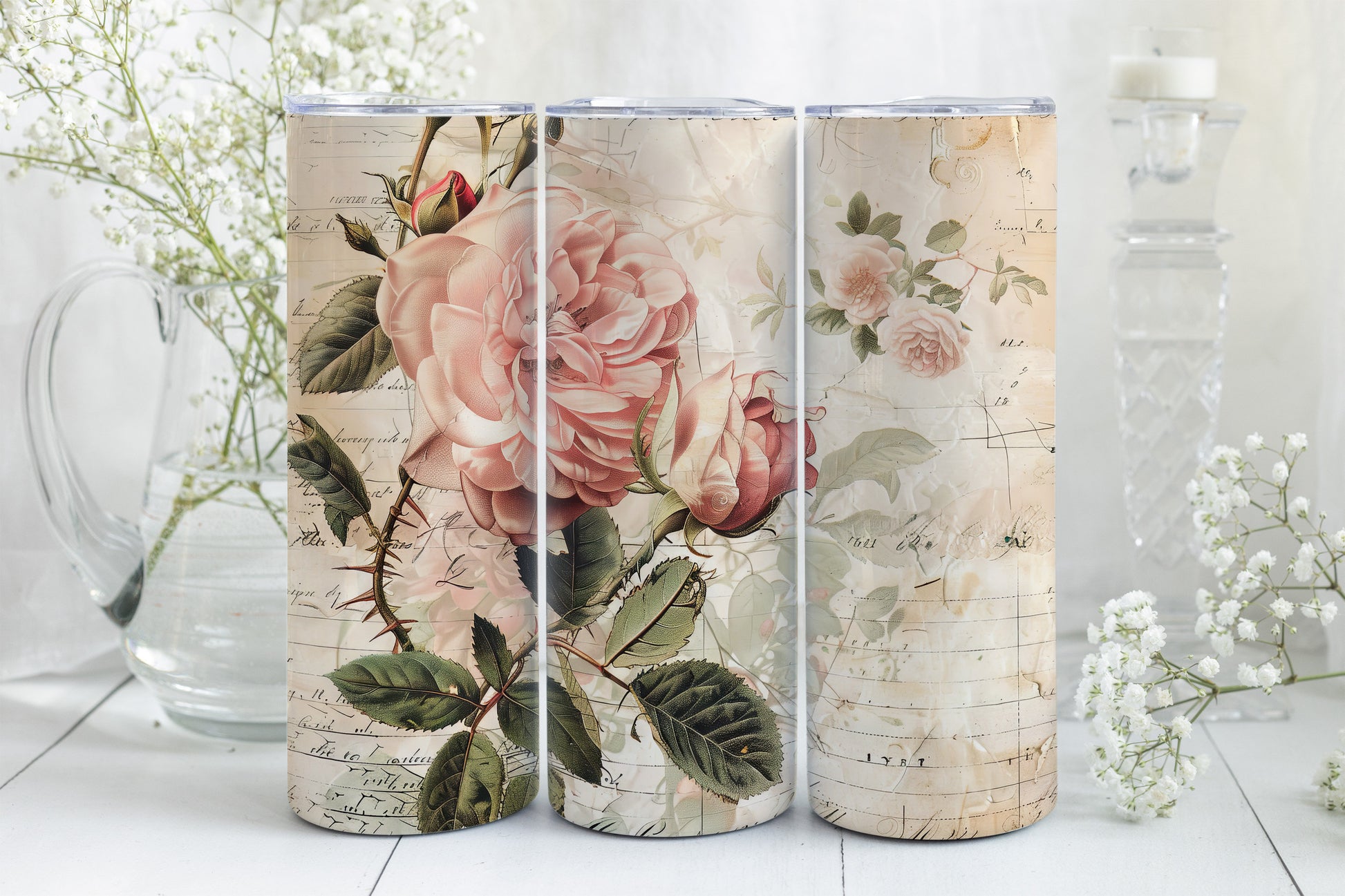 8 Junk Journal Pink Roses Tumbler Wraps, Straight 20oz Skinny Tumbler PNG, Vintage Design Bundle,Mother's Day Gift Mixed Media Flowers+Paper