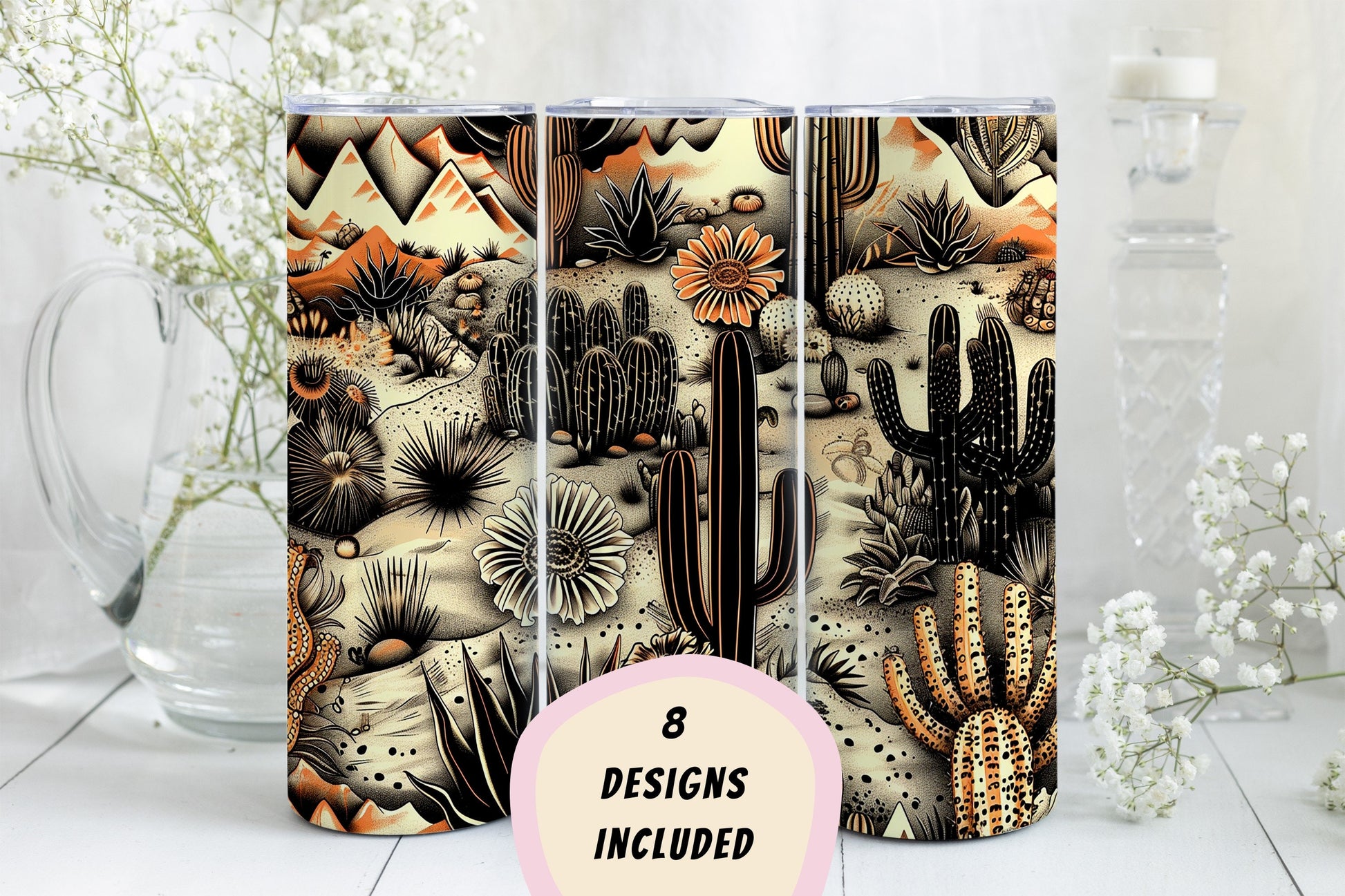 8 Boho Desert Vibes 20oz Sublimation Tumbler Wrap Digital Designs, Western Country Rustic PNG File Tumbler Design