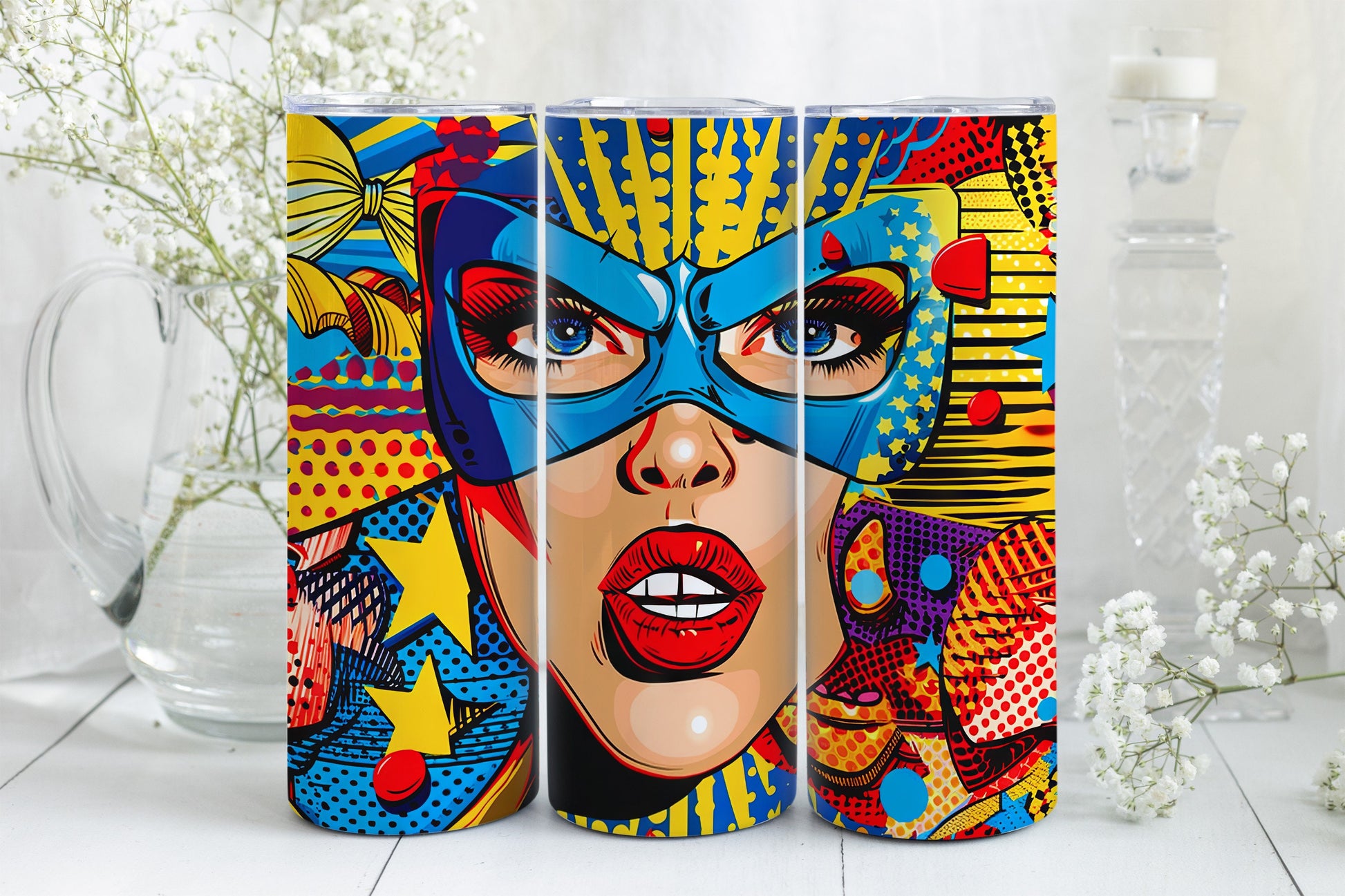 8 Pop Art 20oz Sublimation Tumbler Wrap Digital Designs, Comic Book Style PNG File Tumbler Design, Seamless Pink Yellow Blue, Preppy Pattern