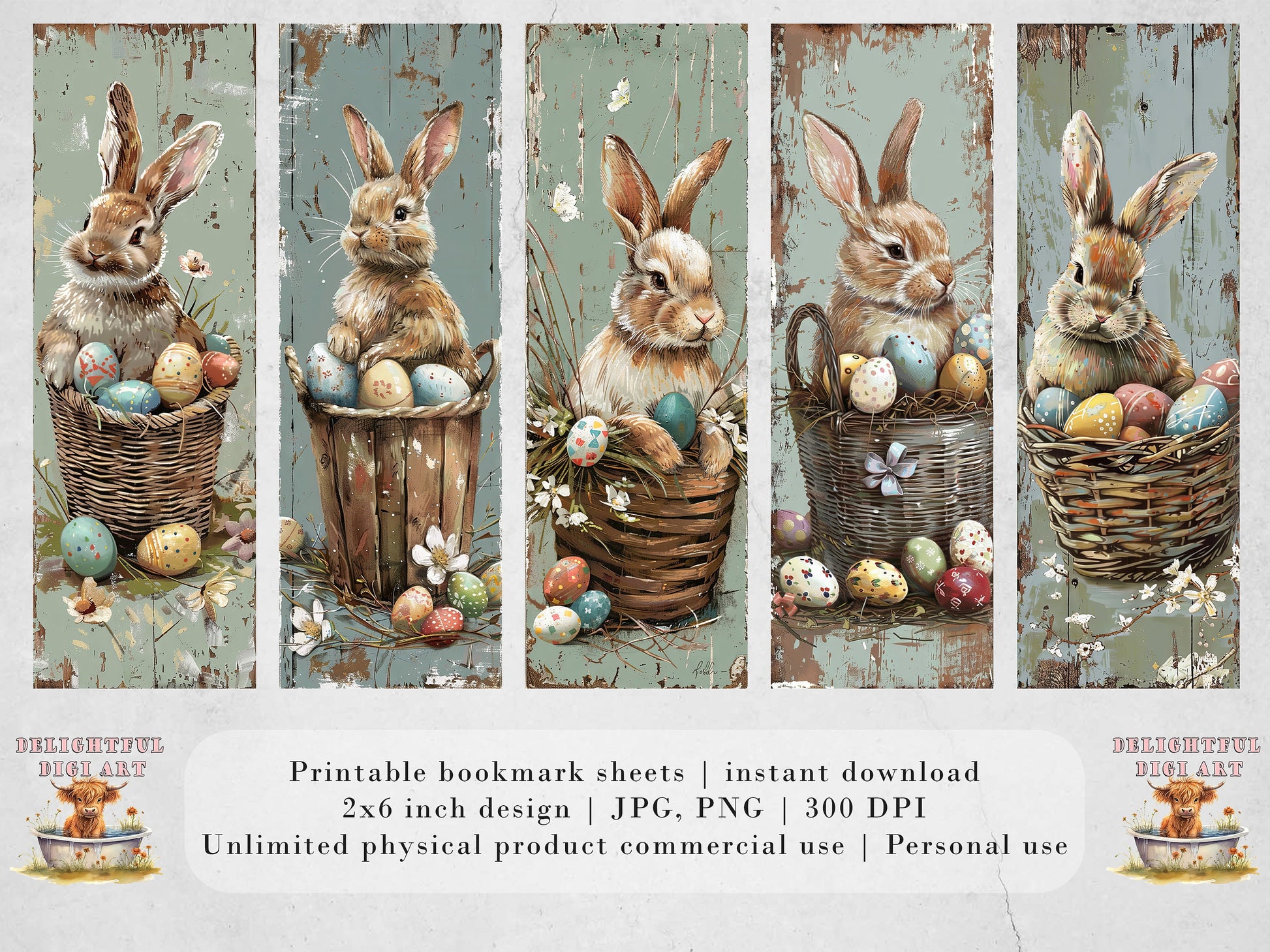 15 Easter Bunnies Printable Bookmarks| Digital Download JPG Bookmark Sheets| PNG bookmark sublimation| Cute Rabbits bookmark set Easter Gift