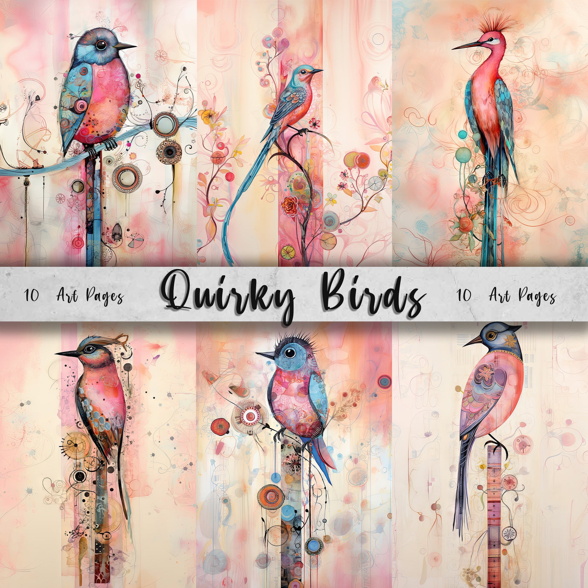 Quirky Birds Printable Art Pages| Digital Download Paper Set| Whimsical Digital Paper| Pink Bird Art| Scrapbooking Pages| Junk Journal Art